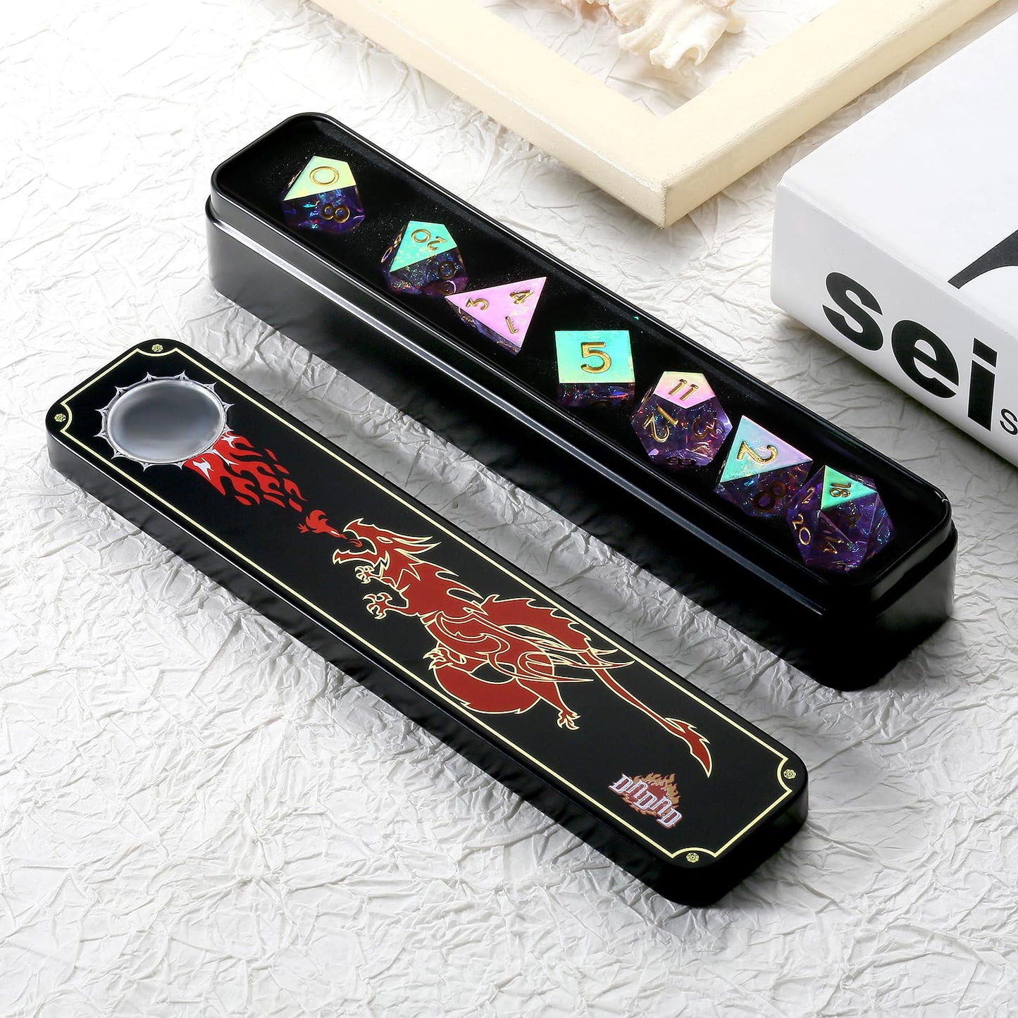 DNDND Iridescent Lilac Sharp Edge D&D Dice Set with Gift Case – Handmade Resin