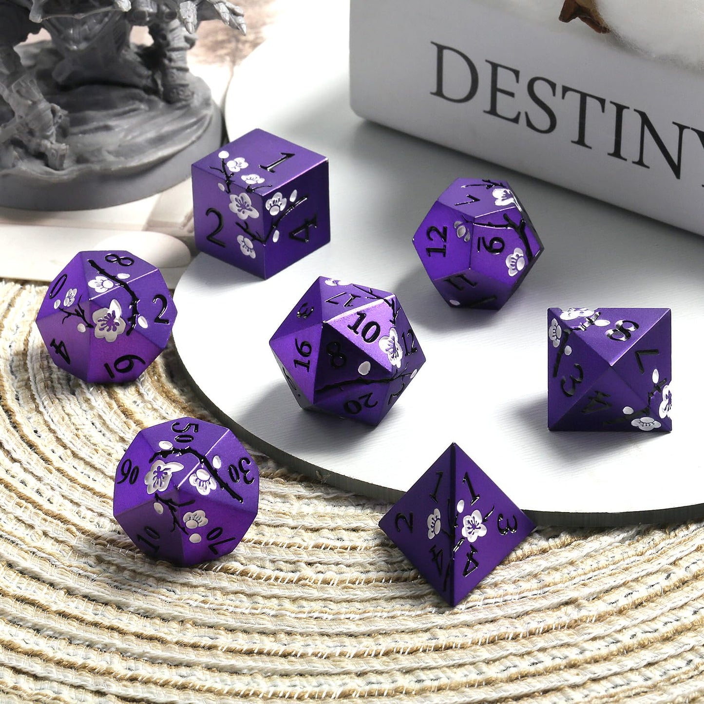 DNDND Matte Purple D&D Dice Set – 7-Piece Metal Dice with White Flowers & Gift Case