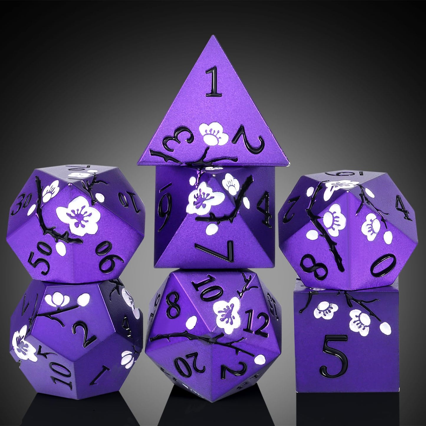 DNDND Matte Purple D&D Dice Set – 7-Piece Metal Dice with White Flowers & Gift Case