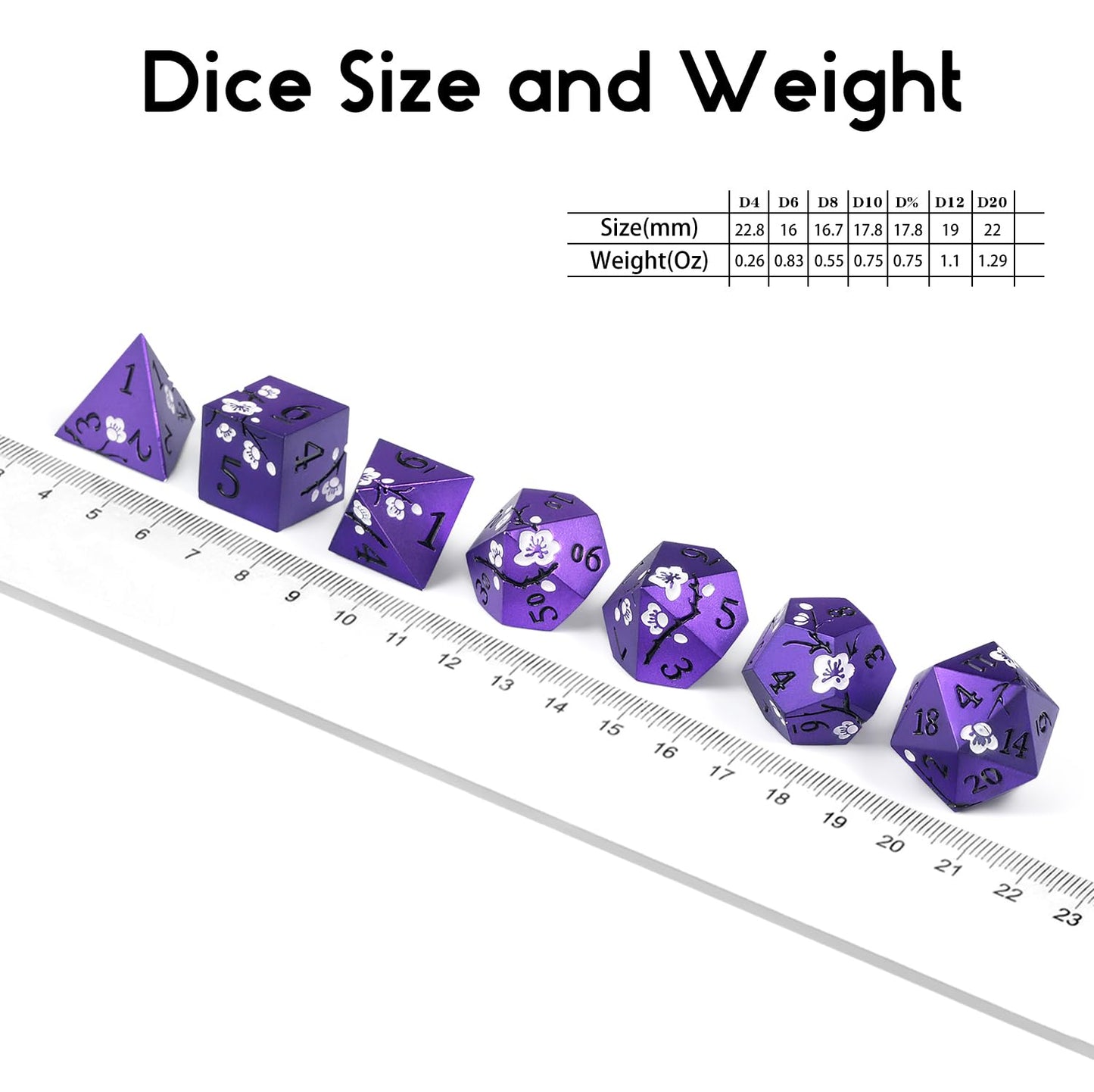 DNDND Matte Purple D&D Dice Set – 7-Piece Metal Dice with White Flowers & Gift Case