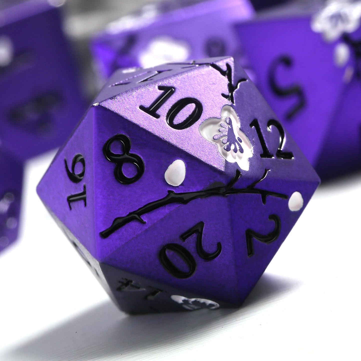 DNDND Matte Purple D&D Dice Set – 7-Piece Metal Dice with White Flowers & Gift Case