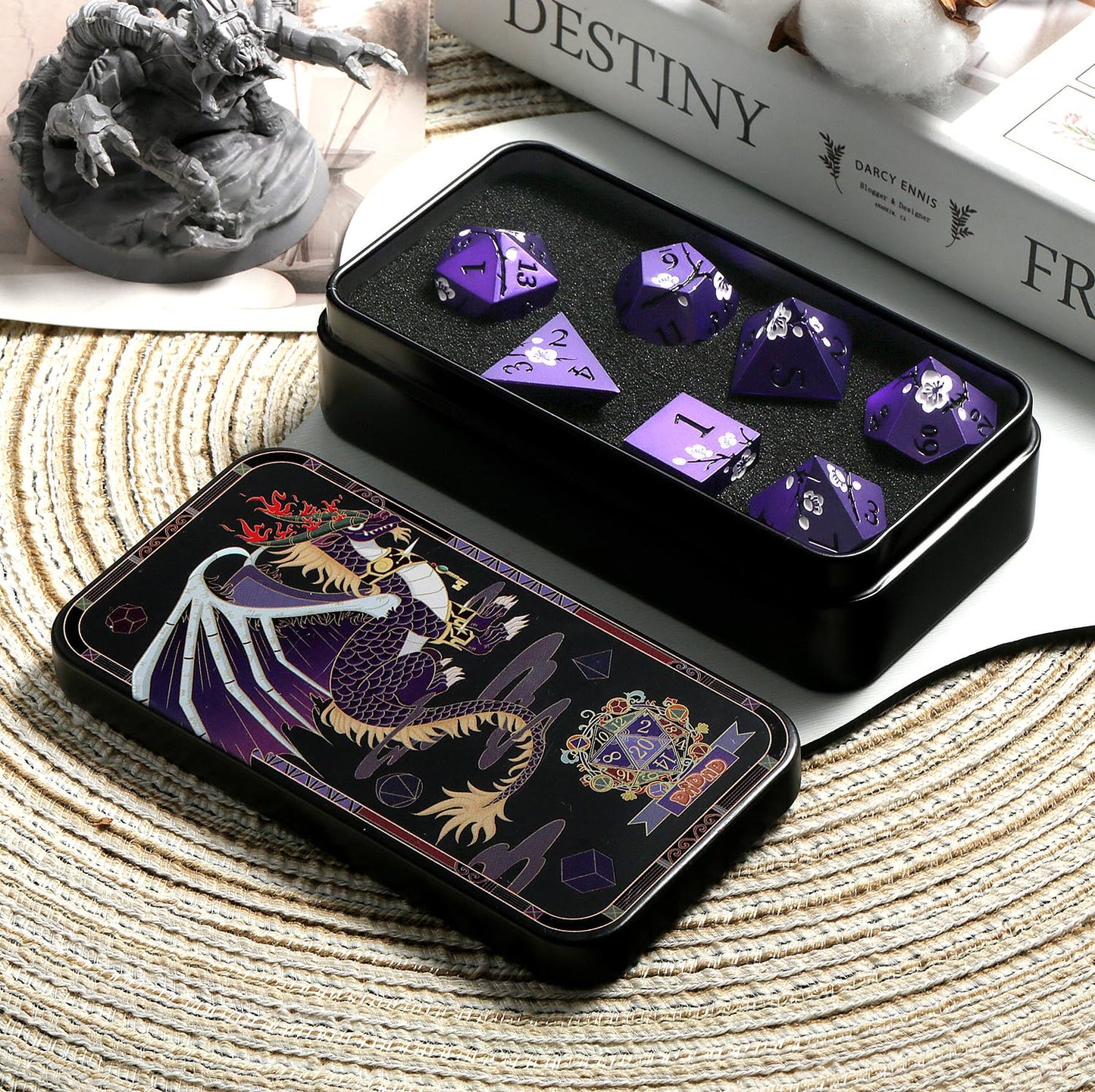 DNDND Matte Purple D&D Dice Set – 7-Piece Metal Dice with White Flowers & Gift Case