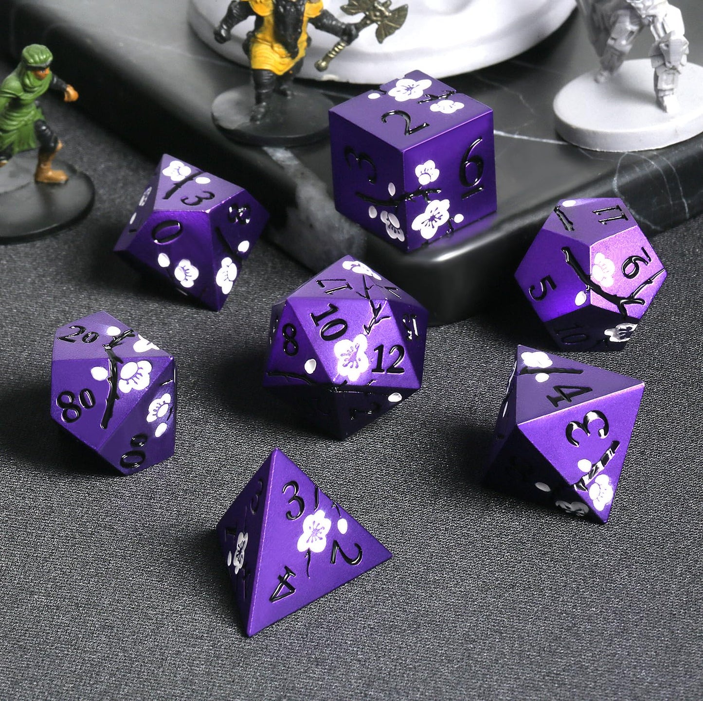 DNDND Matte Purple D&D Dice Set – 7-Piece Metal Dice with White Flowers & Gift Case
