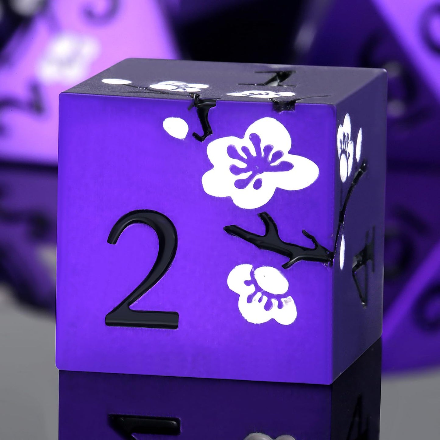 DNDND Matte Purple D&D Dice Set – 7-Piece Metal Dice with White Flowers & Gift Case