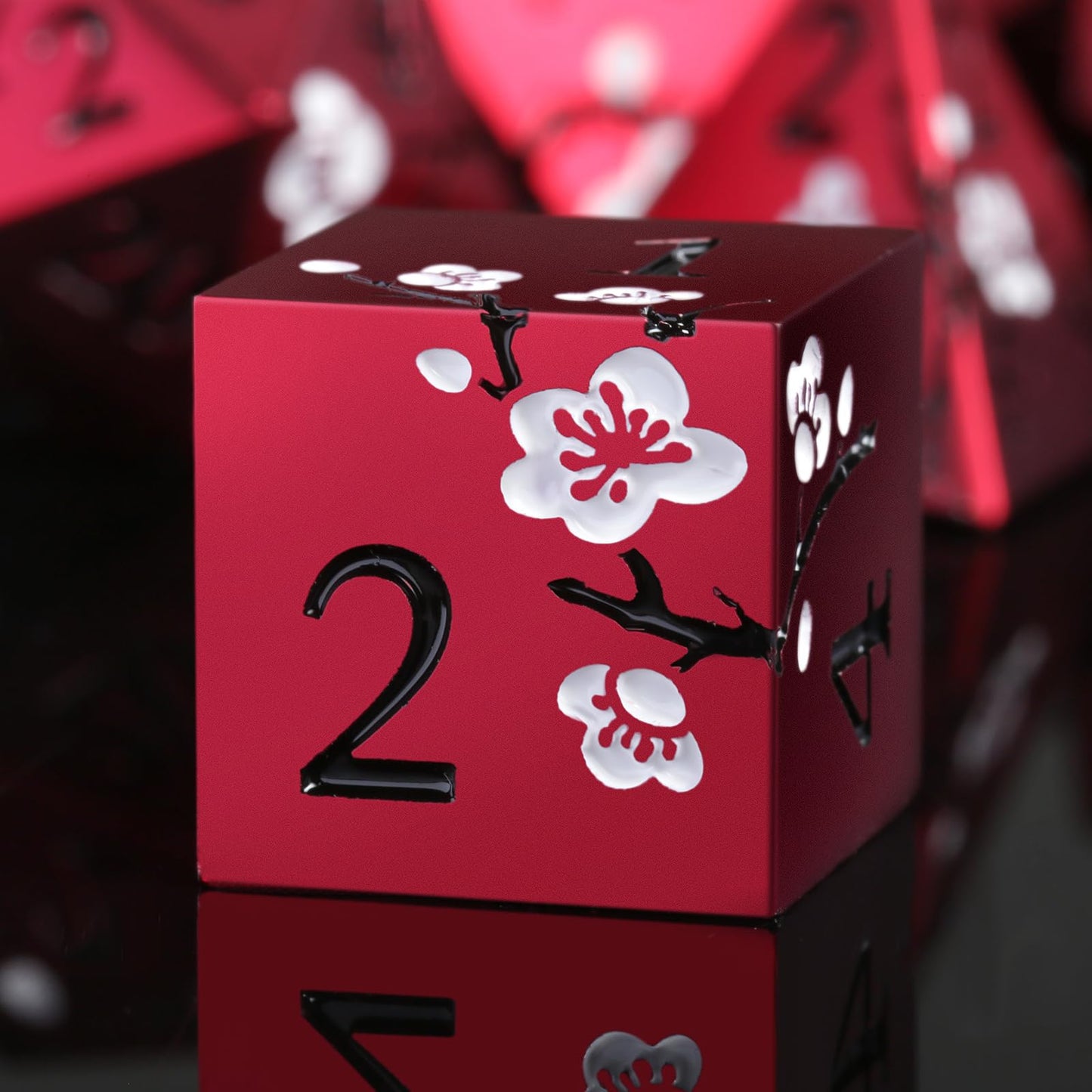 DNDND Matt Red Flower Metal Dice Set – 7-Piece Heavy D&D Dice with Gift Case