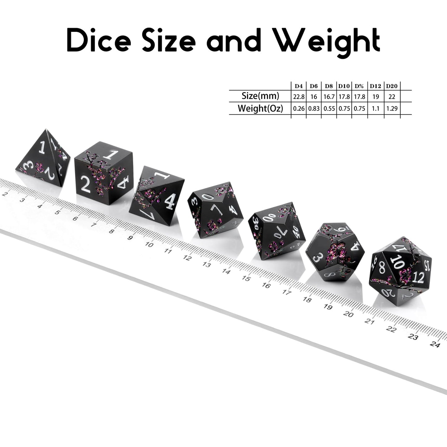 DNDND Glitter Purple Flower Metal D&D Dice Set – 7-Piece with Gift Case | Matte Black