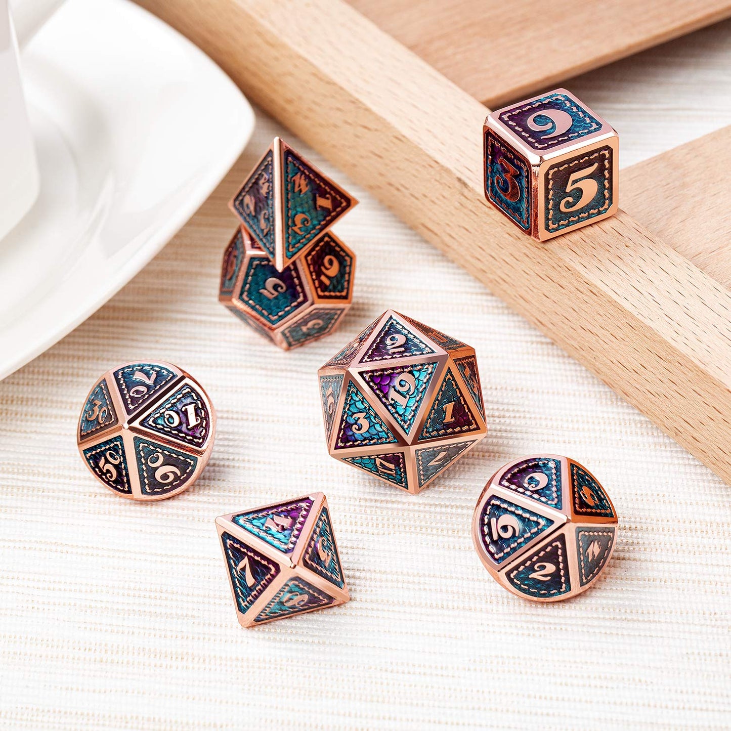 DNDND Dragon Scale Metal Dice Set – 7-Piece D&D Dice with Teal & Purple Copper Edge and Metal Case