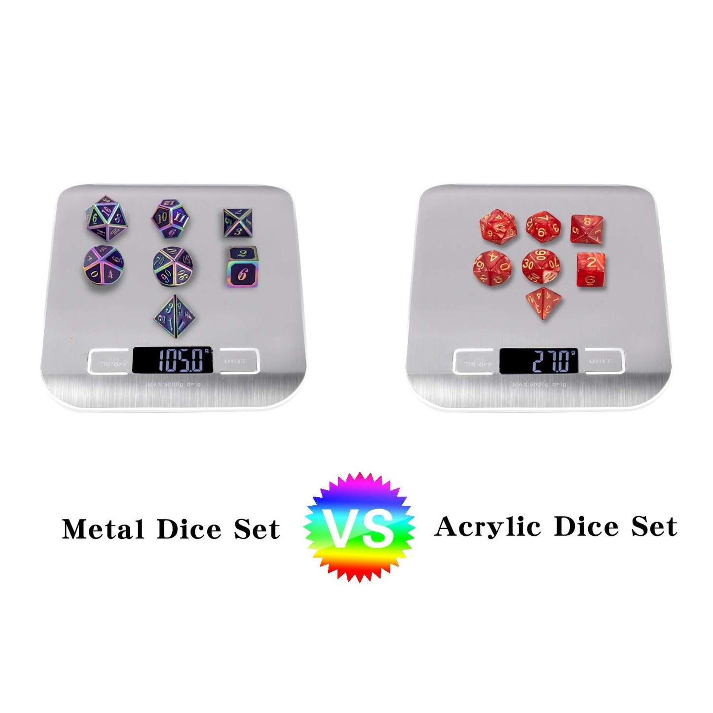 DNDND Purple Metal Dice Set – 7-Piece Enamel Polyhedral Dice with Tin