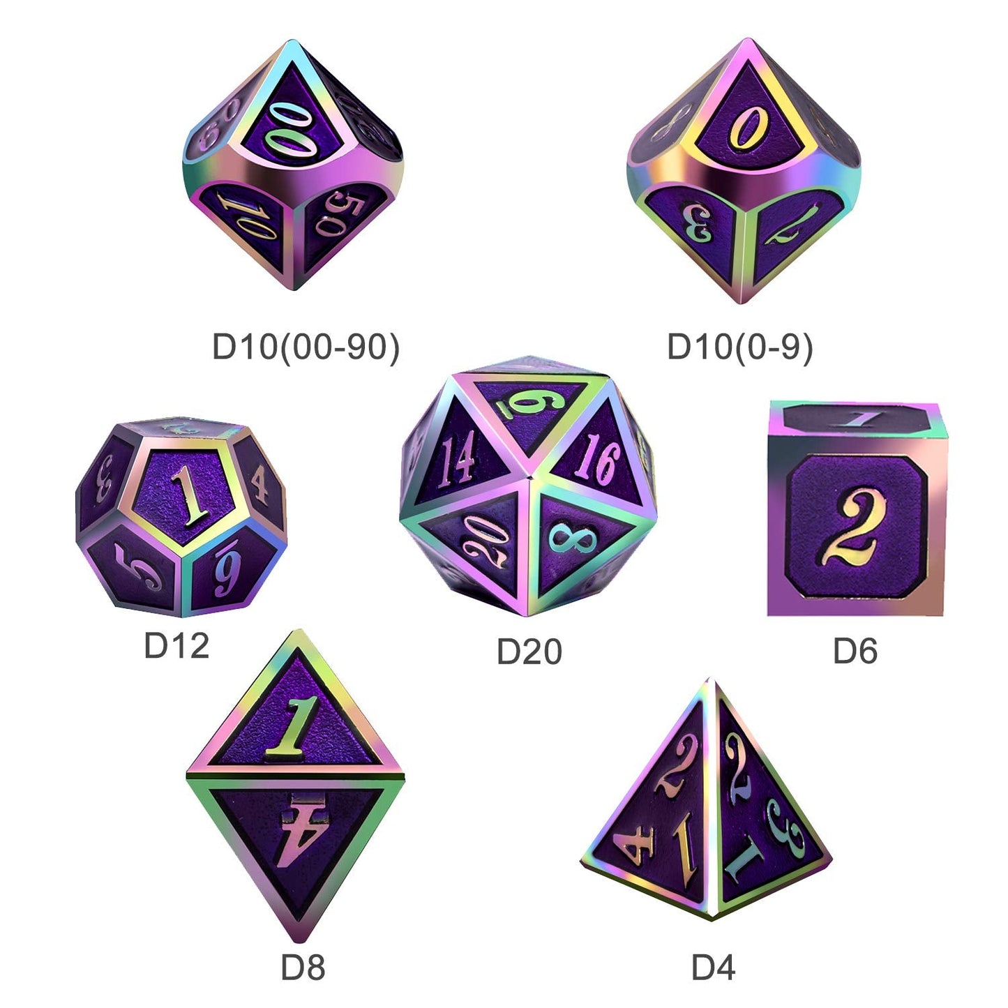 DNDND Purple Metal Dice Set – 7-Piece Enamel Polyhedral Dice with Tin