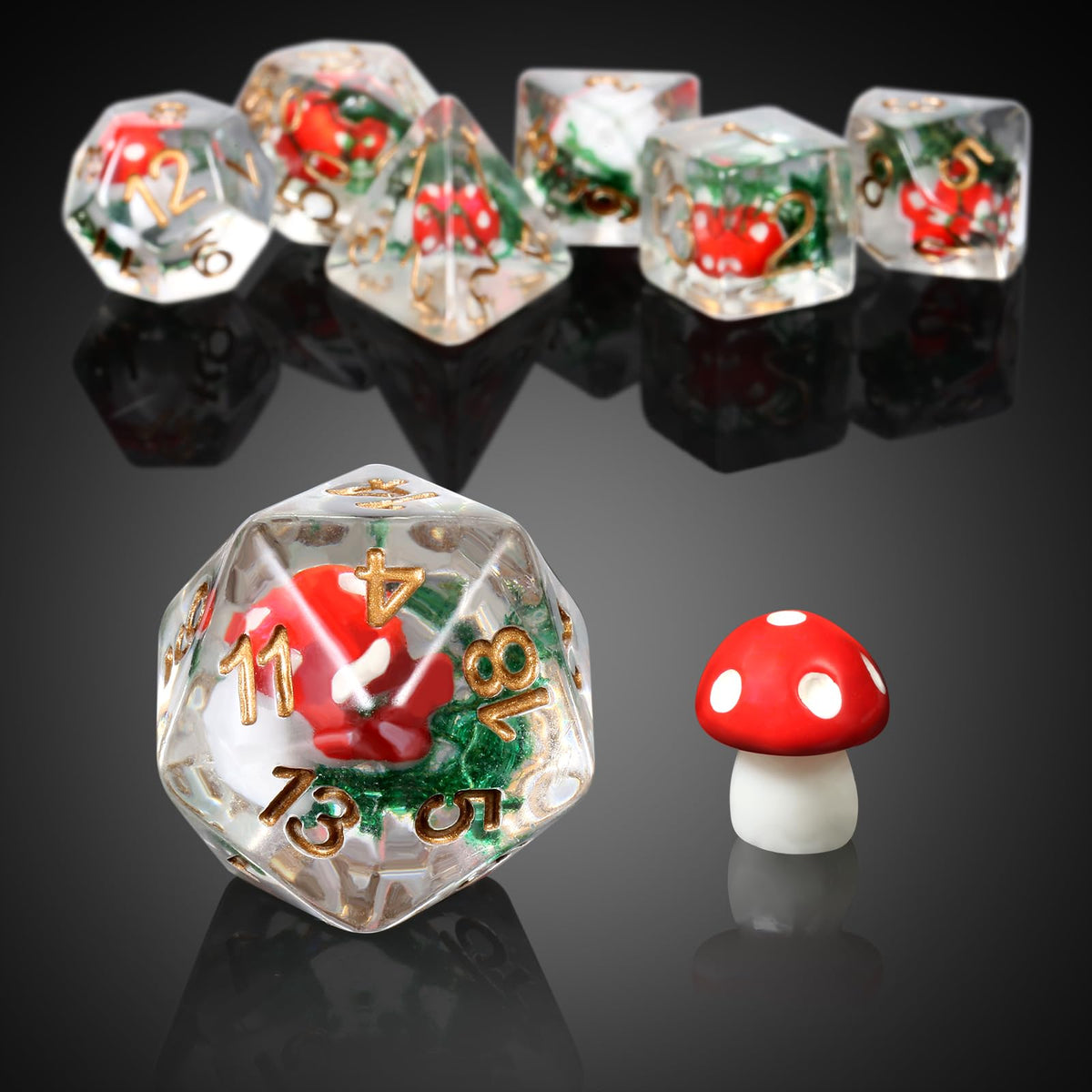 DNDND Mushroom Dice Set – 7-Piece Resin D&D Dice with Velvet Gift Bag