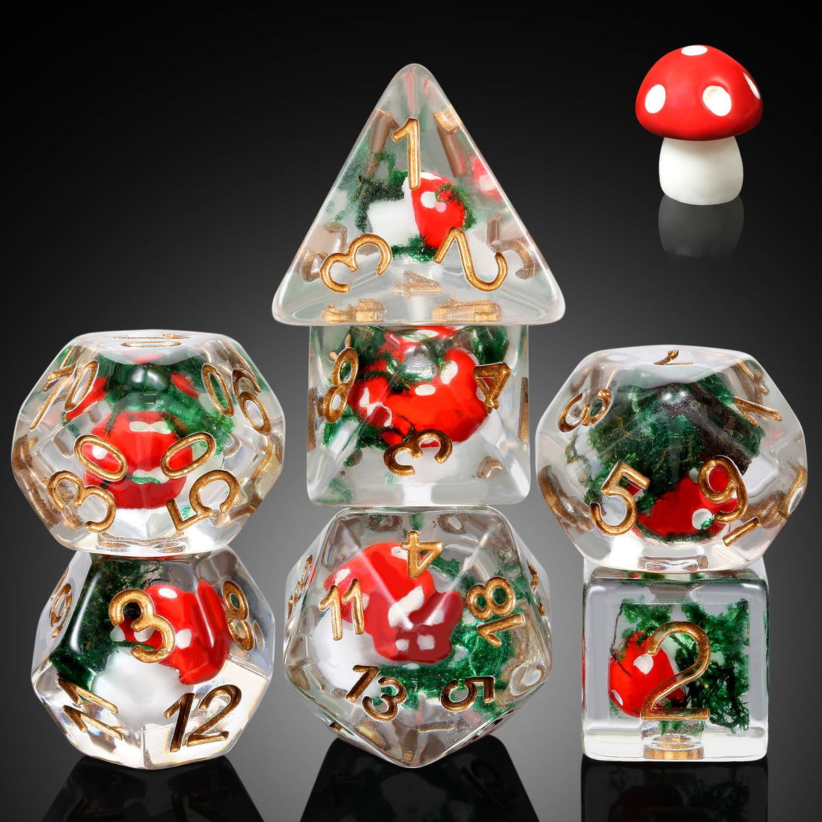 DNDND Mushroom Dice Set – 7-Piece Resin D&D Dice with Velvet Gift Bag