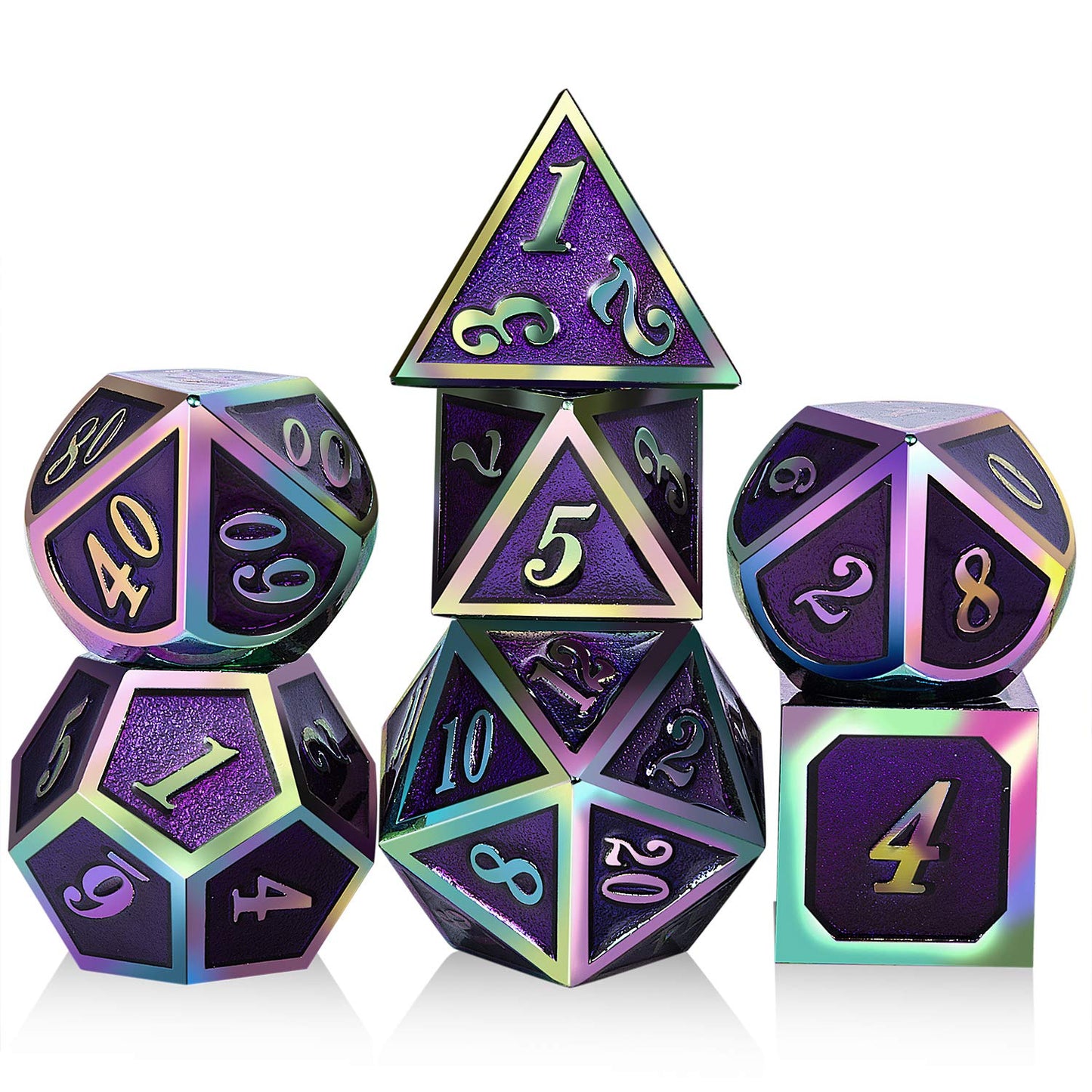 DNDND Purple Metal Dice Set – 7-Piece Enamel Polyhedral Dice with Tin