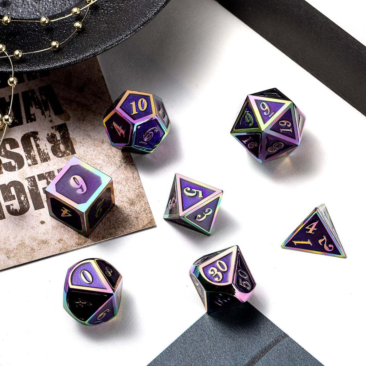 DNDND Purple Metal Dice Set – 7-Piece Enamel Polyhedral Dice with Tin