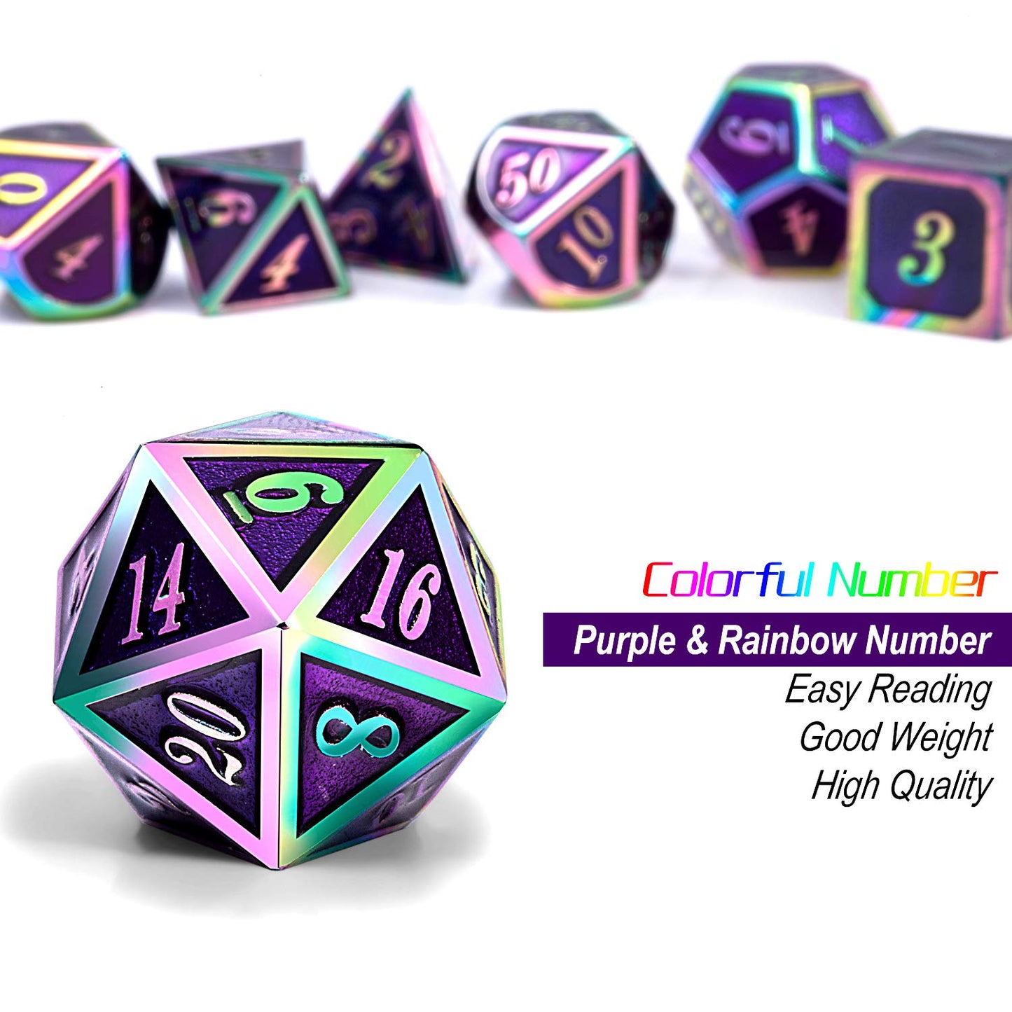DNDND Purple Metal Dice Set – 7-Piece Enamel Polyhedral Dice with Tin