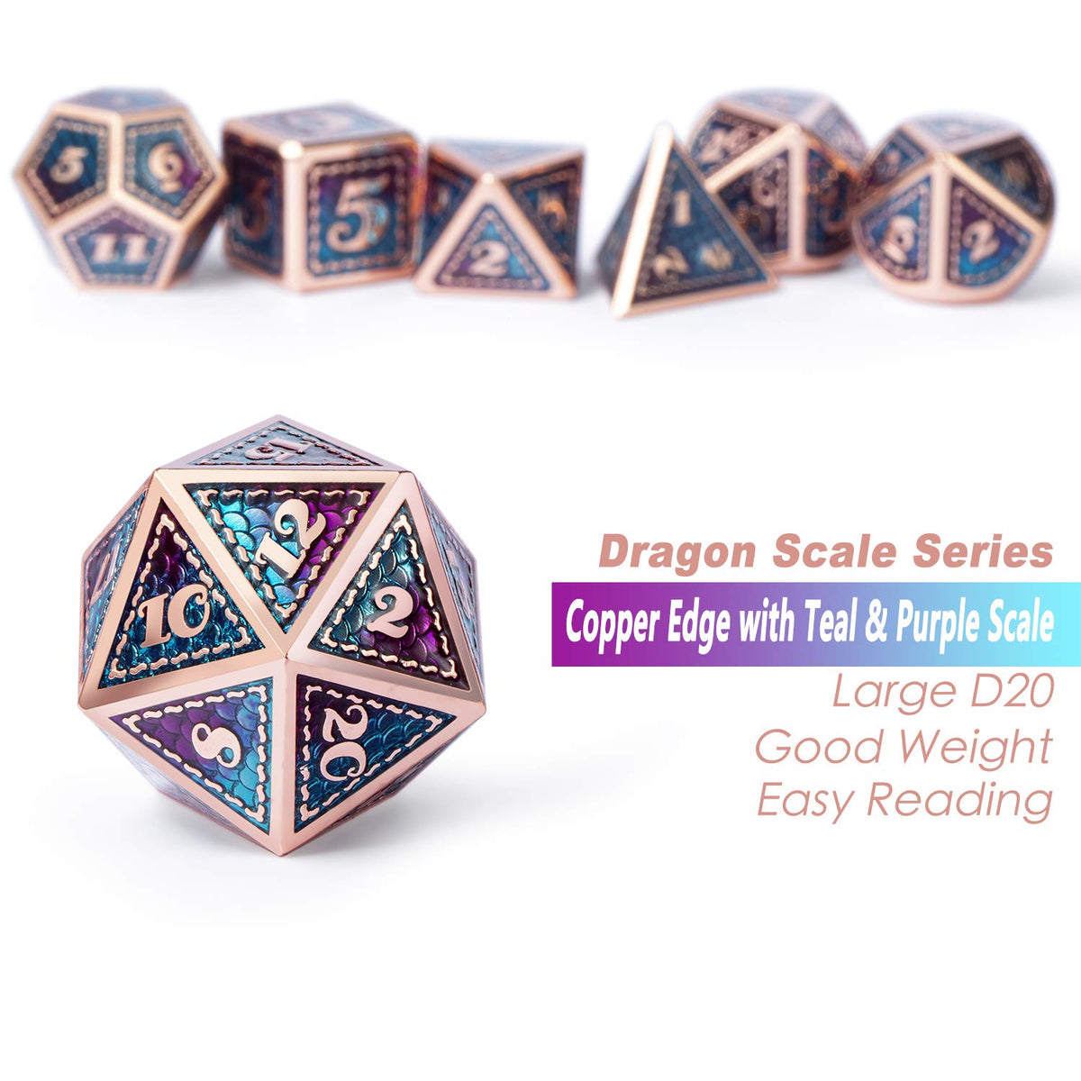 DNDND Dragon Scale Metal Dice Set – 7-Piece D&D Dice with Teal & Purple Copper Edge and Metal Case