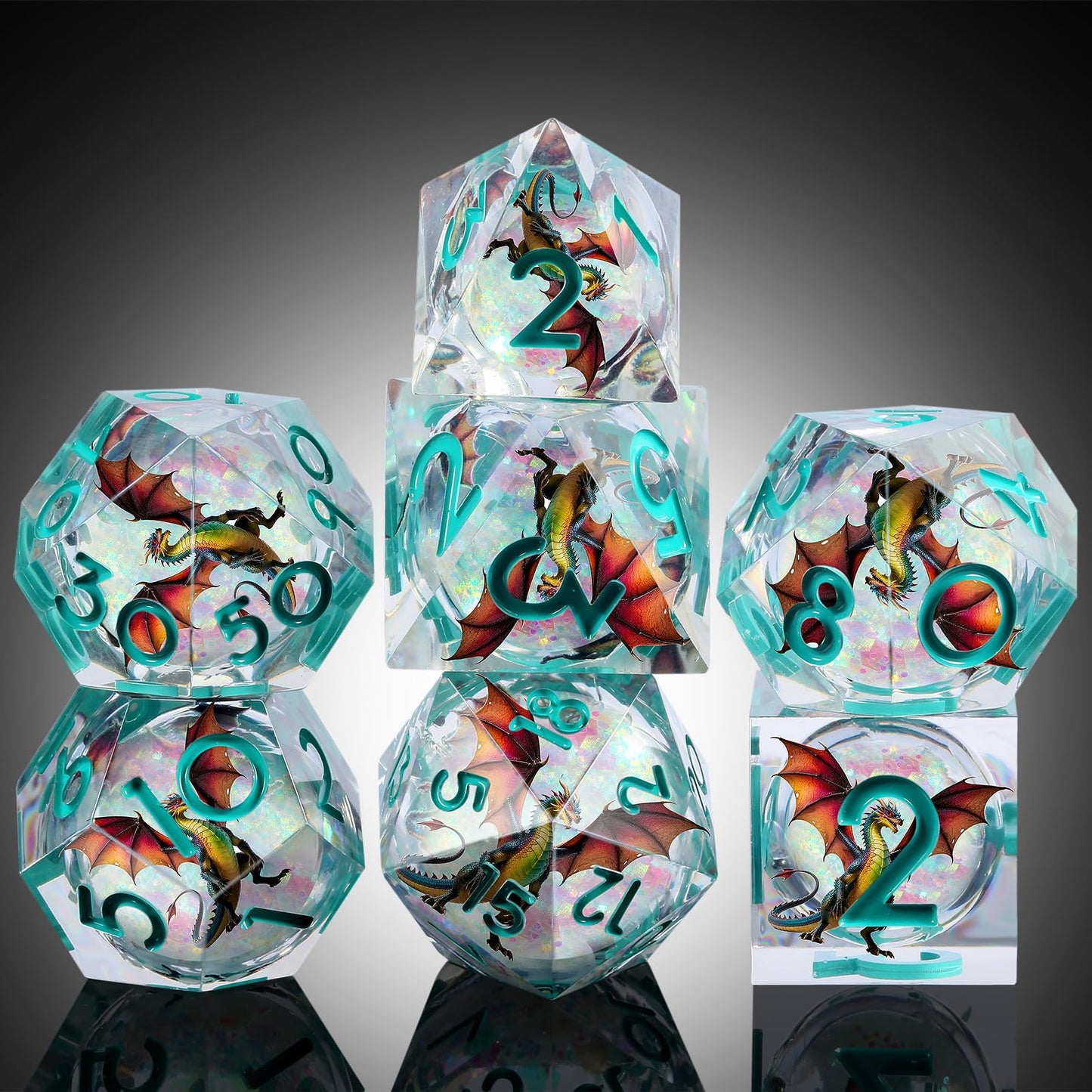 DNDND Shinny Liquid Core Dice Set – 7-Piece Sharp Edge Dragon Dice with Metal Case | D&D RPG Gift