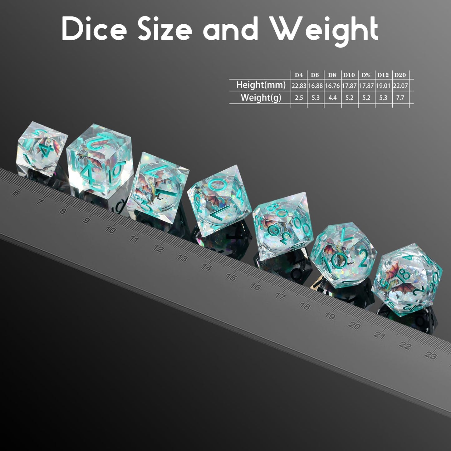 DNDND Shinny Liquid Core Dice Set – 7-Piece Sharp Edge Dragon Dice with Metal Case | D&D RPG Gift