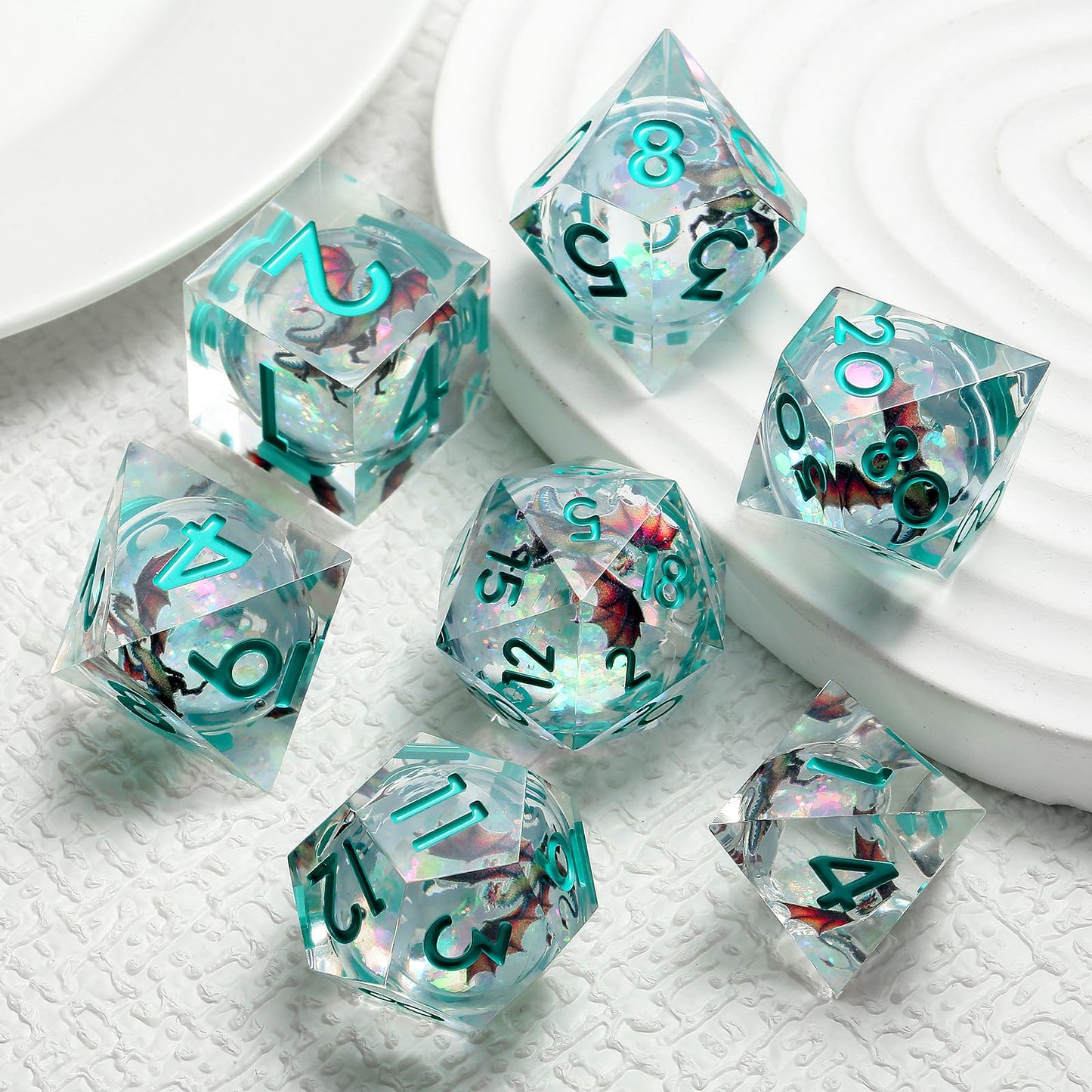 DNDND Shinny Liquid Core Dice Set – 7-Piece Sharp Edge Dragon Dice with Metal Case | D&D RPG Gift