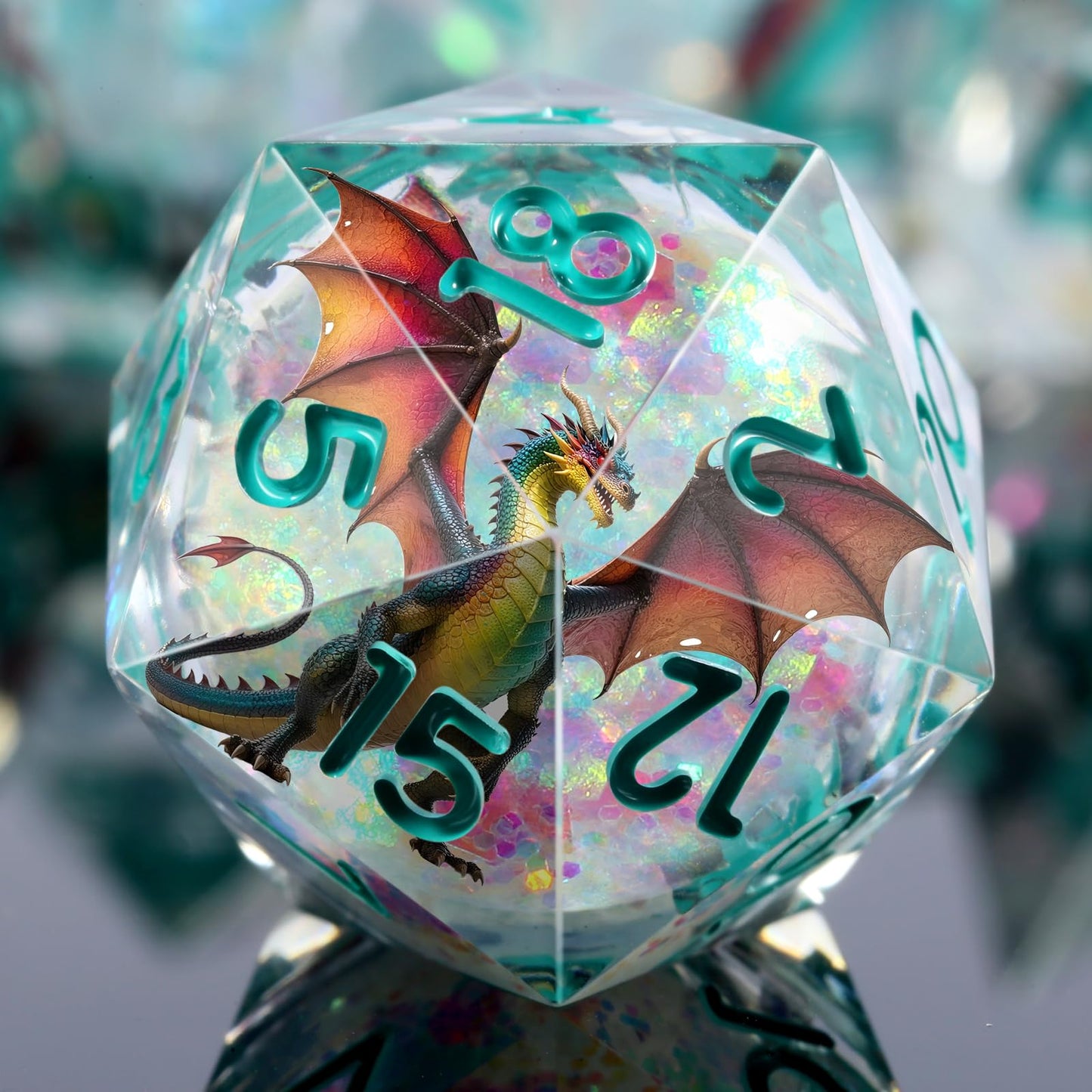 DNDND Shinny Liquid Core Dice Set – 7-Piece Sharp Edge Dragon Dice with Metal Case | D&D RPG Gift