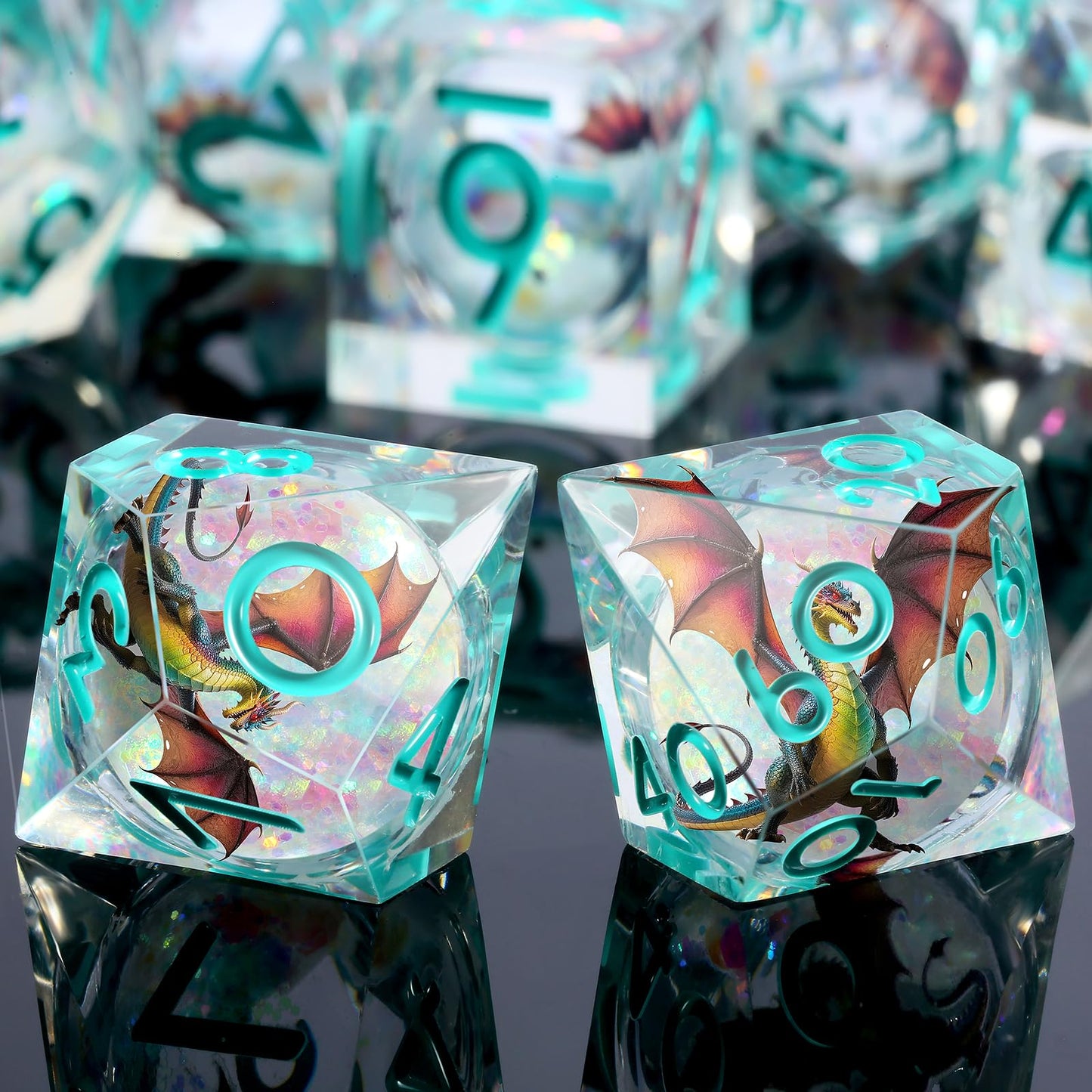 DNDND Shinny Liquid Core Dice Set – 7-Piece Sharp Edge Dragon Dice with Metal Case | D&D RPG Gift