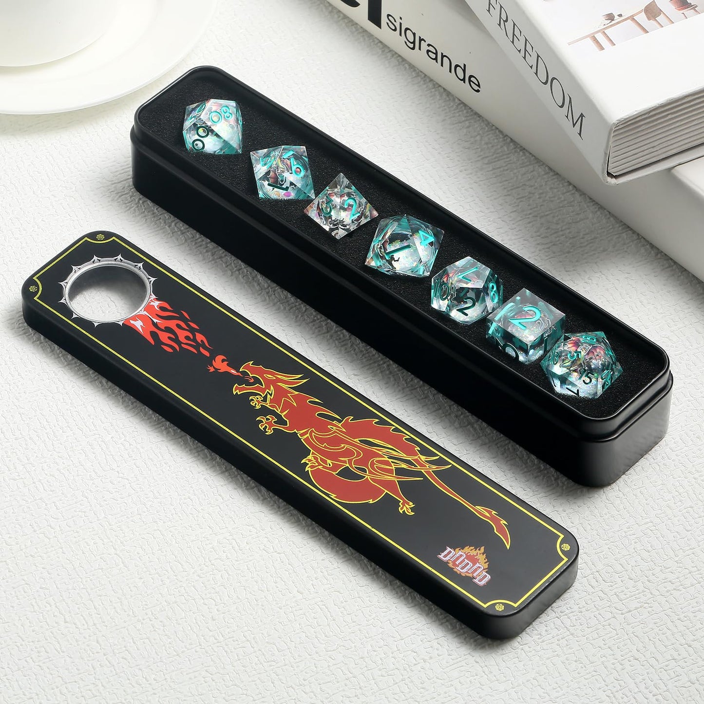DNDND Shinny Liquid Core Dice Set – 7-Piece Sharp Edge Dragon Dice with Metal Case | D&D RPG Gift