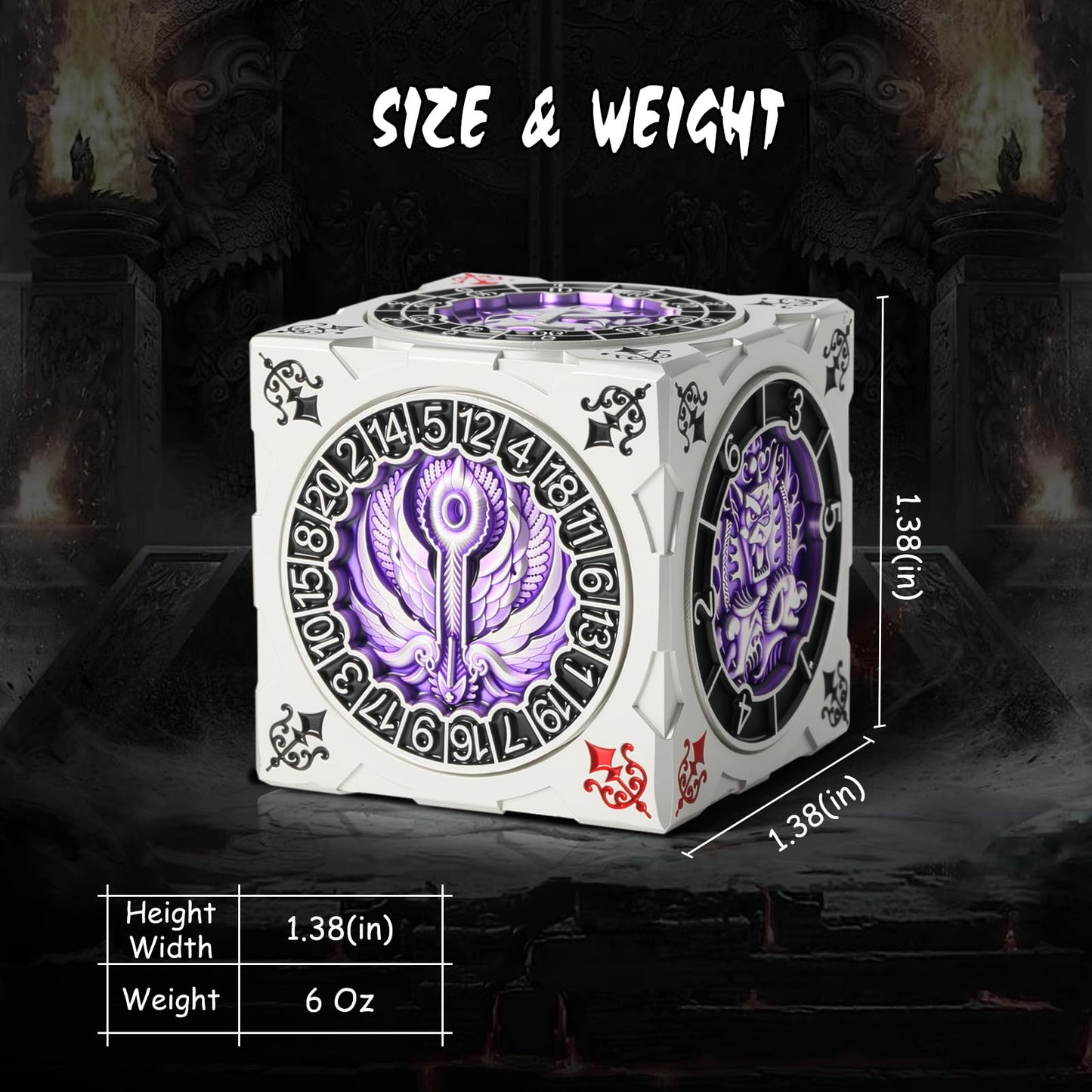 DNDND Multi-Functional Spinner Dice Cube for D&D – Iconic Monster Themed (Silver & Purple)