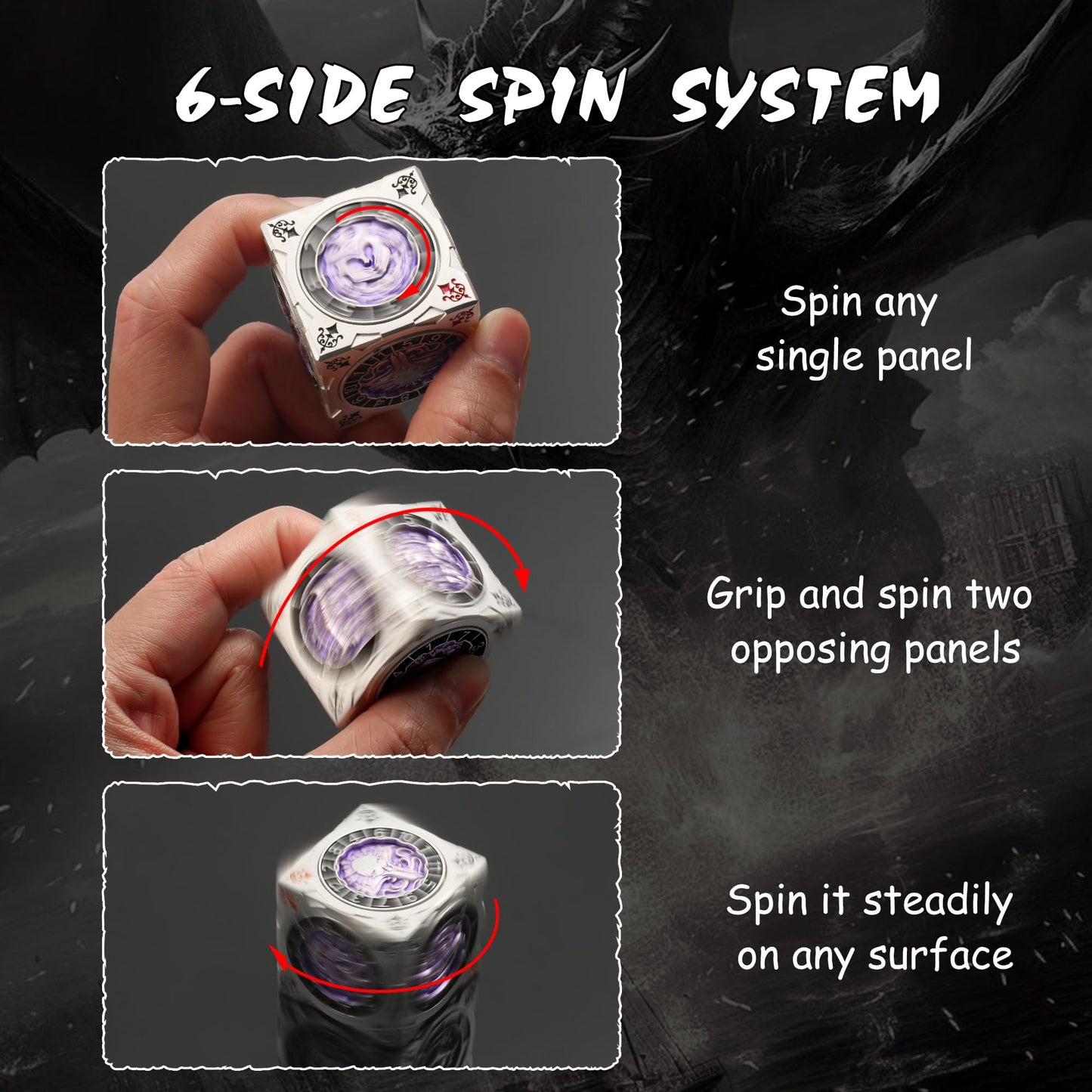 DNDND Multi-Functional Spinner Dice Cube for D&D – Iconic Monster Themed (Silver & Purple)
