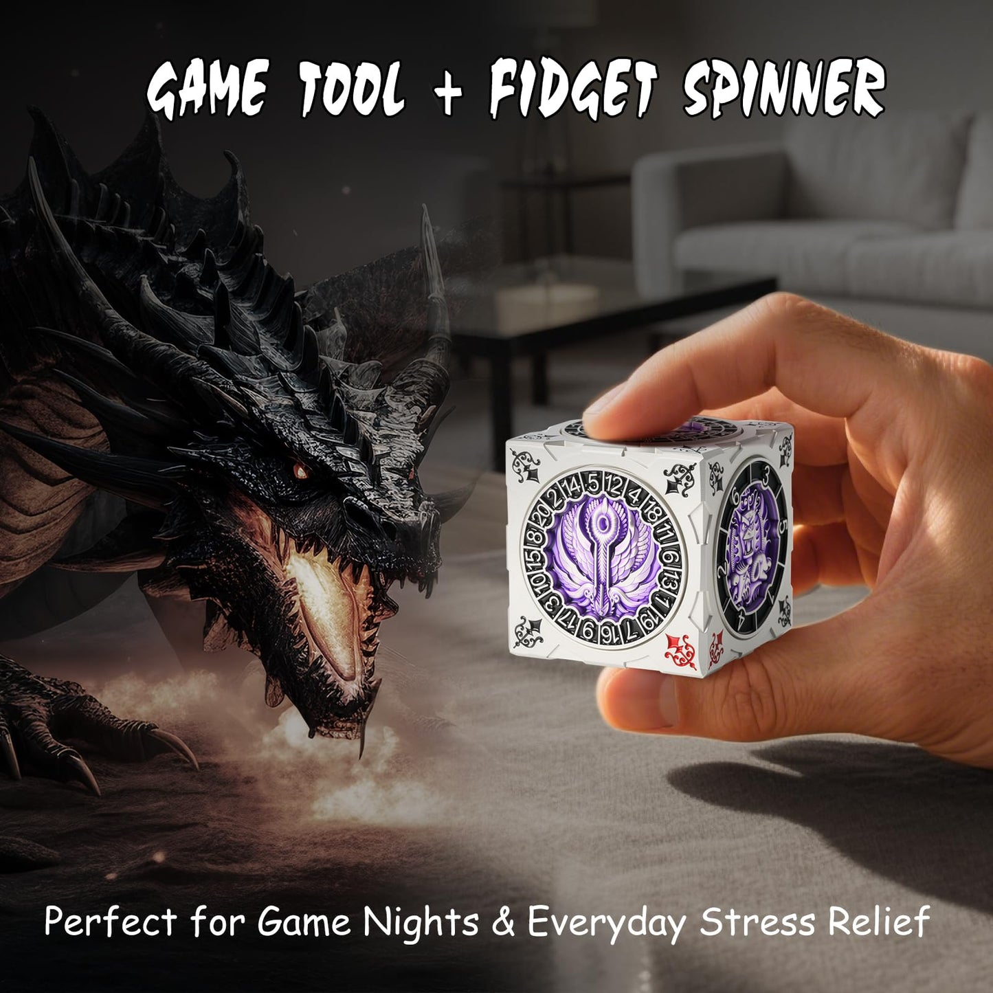 DNDND Multi-Functional Spinner Dice Cube for D&D – Iconic Monster Themed (Silver & Purple)