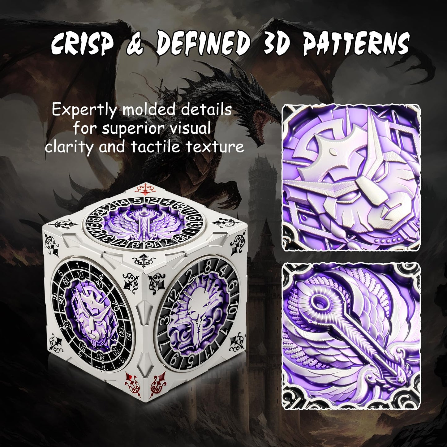 DNDND Multi-Functional Spinner Dice Cube for D&D – Iconic Monster Themed (Silver & Purple)