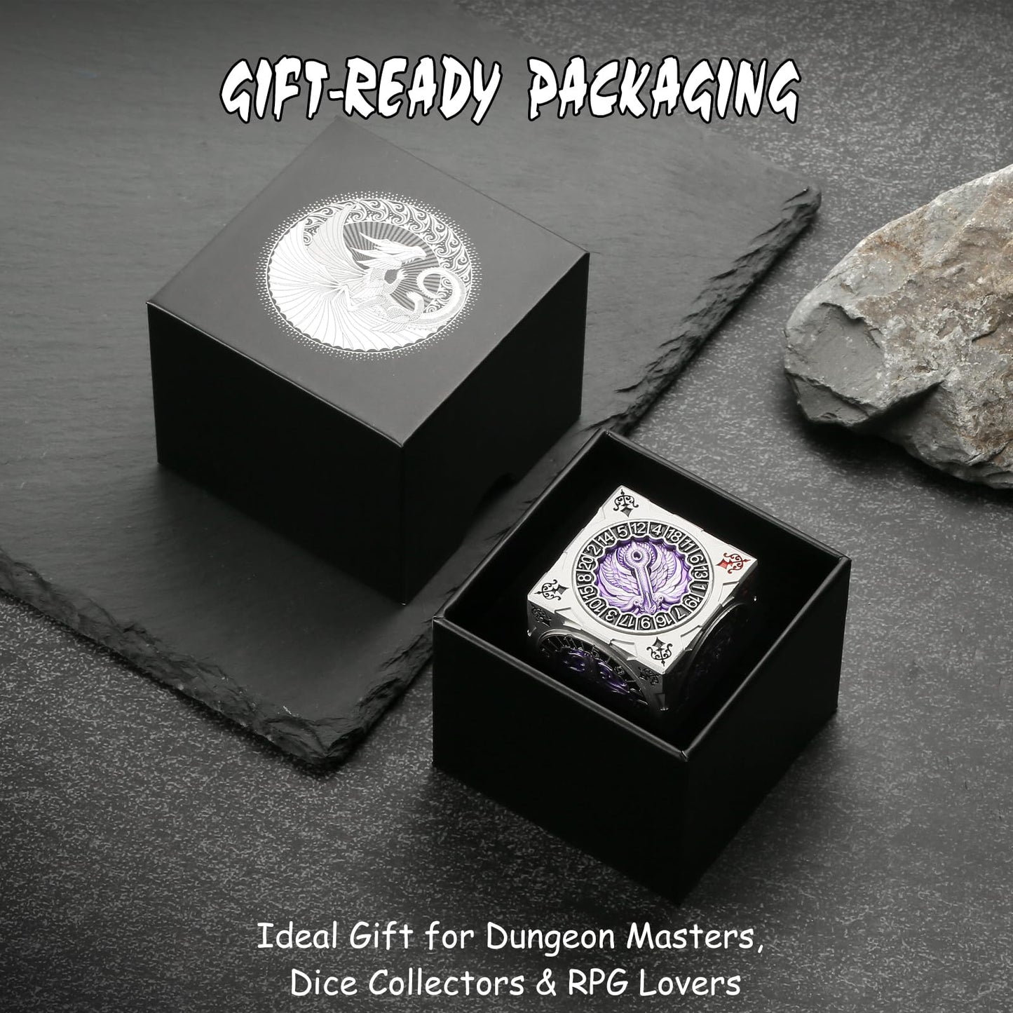 DNDND Multi-Functional Spinner Dice Cube for D&D – Iconic Monster Themed (Silver & Purple)