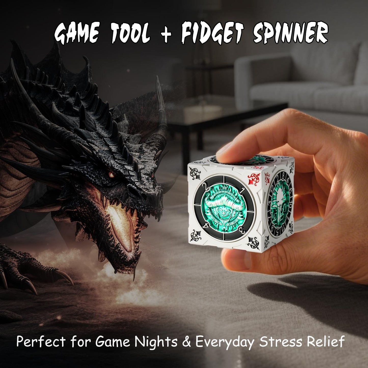 DNDND Multi-Functional Spinner Dice Cube – Silver & Green Monster-Themed Gift for D&D & TTRPG