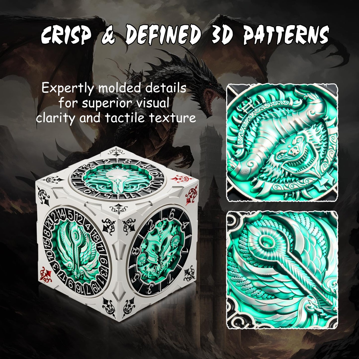 DNDND Multi-Functional Spinner Dice Cube – Silver & Green Monster-Themed Gift for D&D & TTRPG