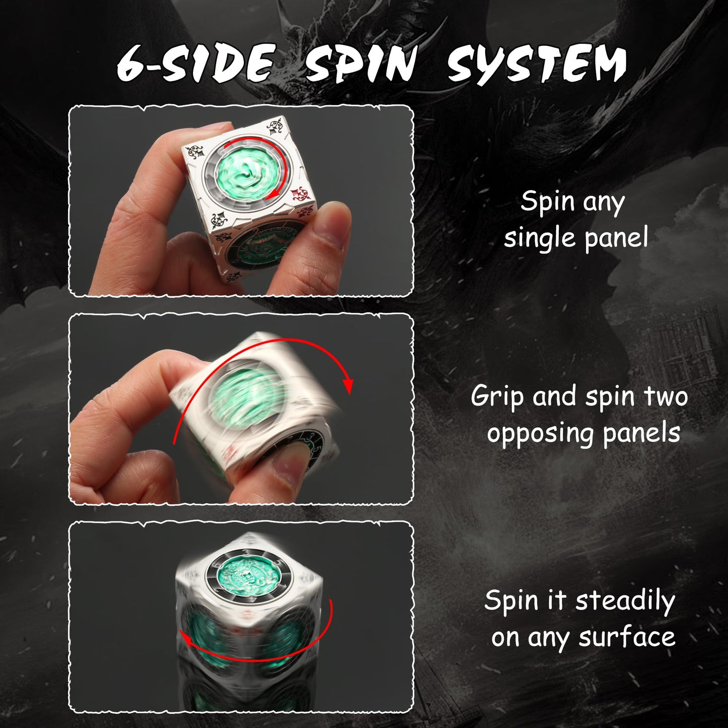 DNDND Multi-Functional Spinner Dice Cube – Silver & Green Monster-Themed Gift for D&D & TTRPG