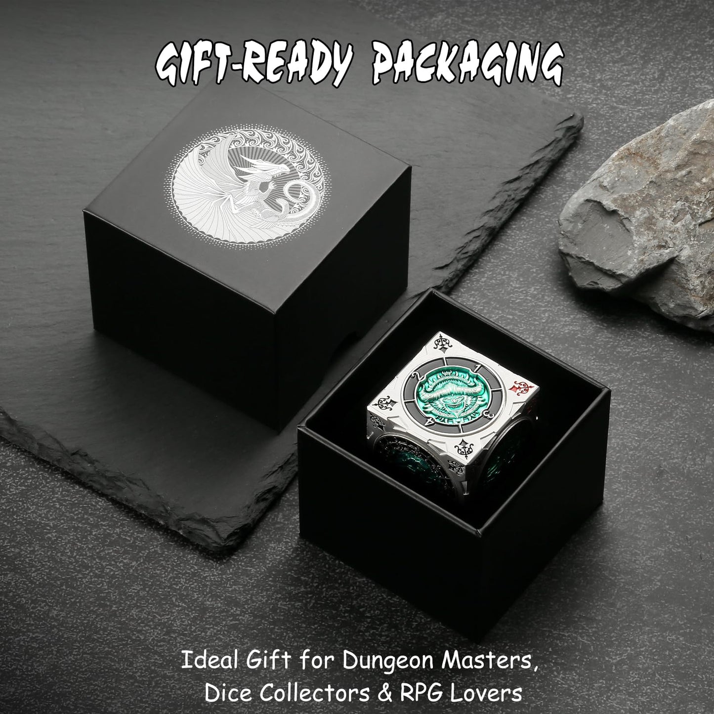 DNDND Multi-Functional Spinner Dice Cube – Silver & Green Monster-Themed Gift for D&D & TTRPG