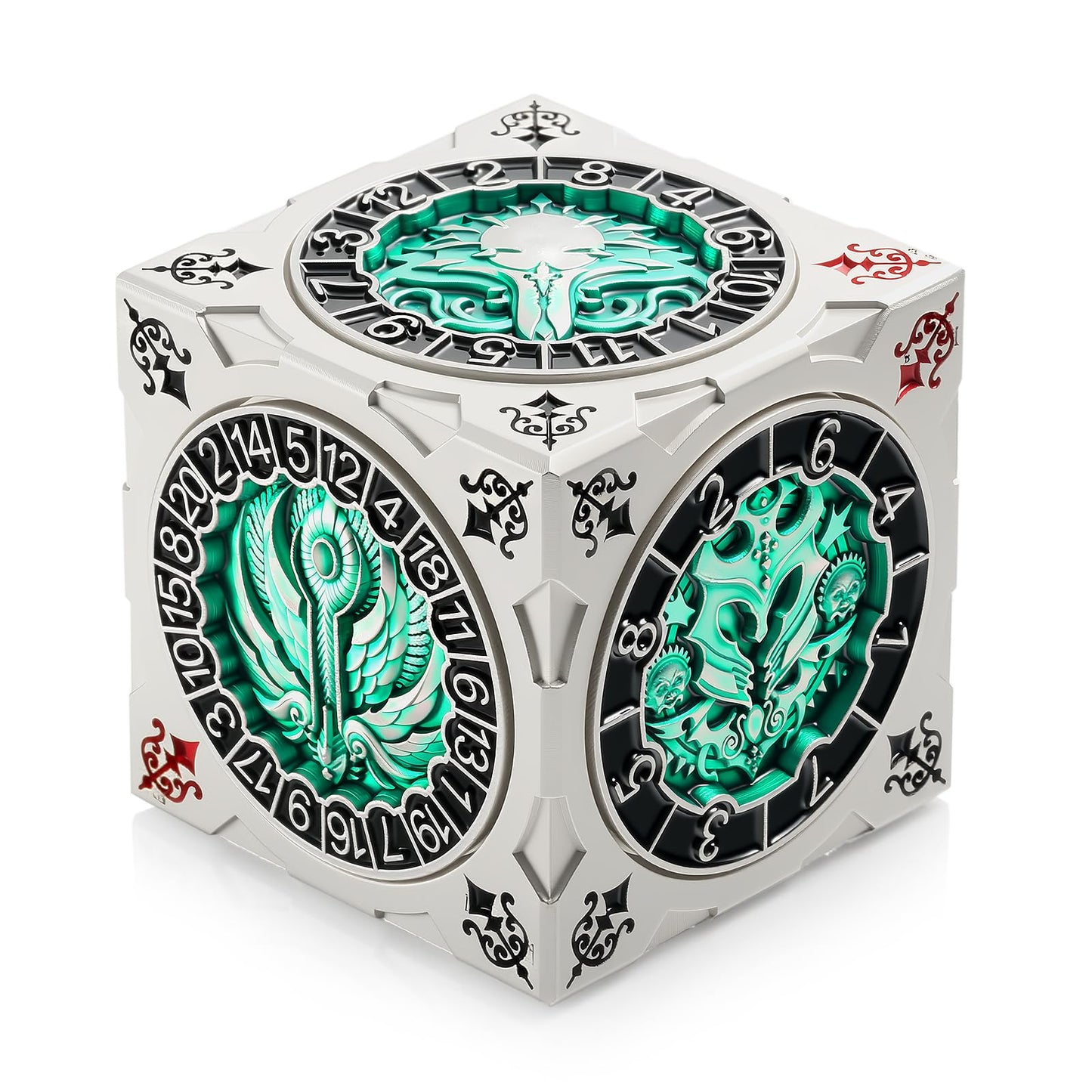 DNDND Multi-Functional Spinner Dice Cube – Silver & Green Monster-Themed Gift for D&D & TTRPG