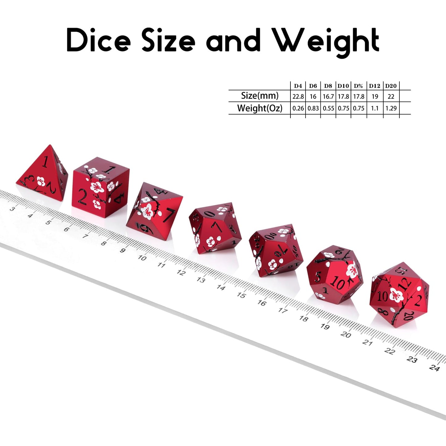 DNDND Matt Red Flower Metal Dice Set – 7-Piece Heavy D&D Dice with Gift Case