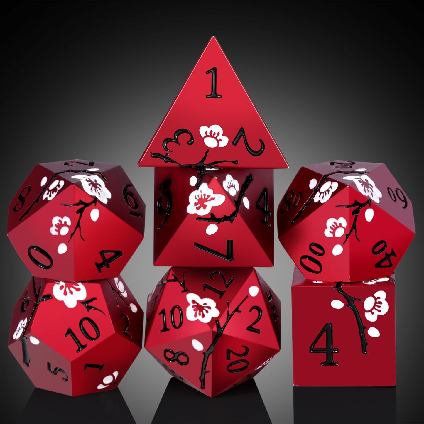 DNDND Matt Red Flower Metal Dice Set – 7-Piece Heavy D&D Dice with Gift Case