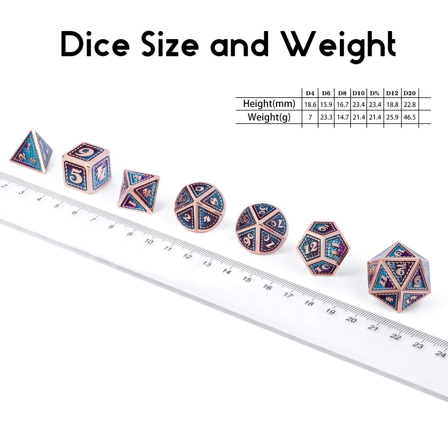 DNDND Dragon Scale Metal Dice Set – 7-Piece D&D Dice with Teal & Purple Copper Edge and Metal Case