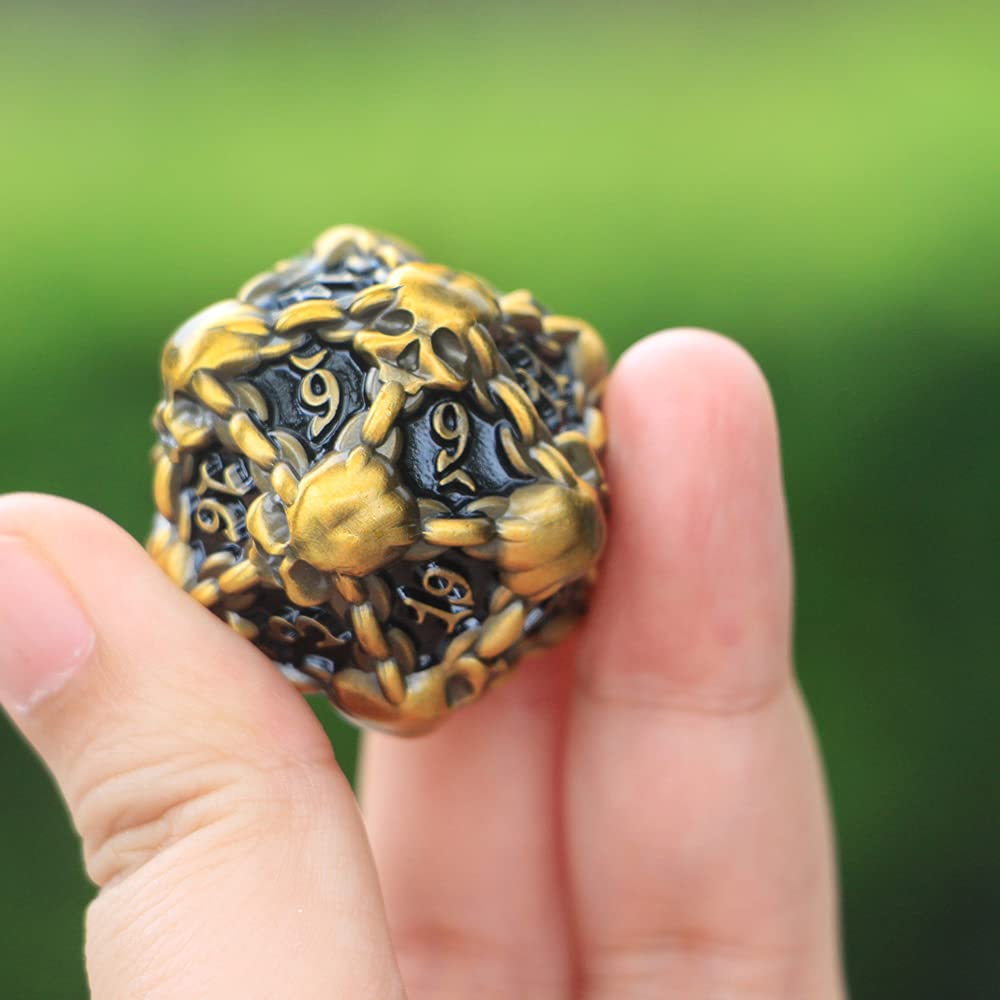 DNDWoW Heavy Metal Gold Skull D20 with Chains – 31mm Oversized Skull Dice for Tabletop RPGs BKGH9