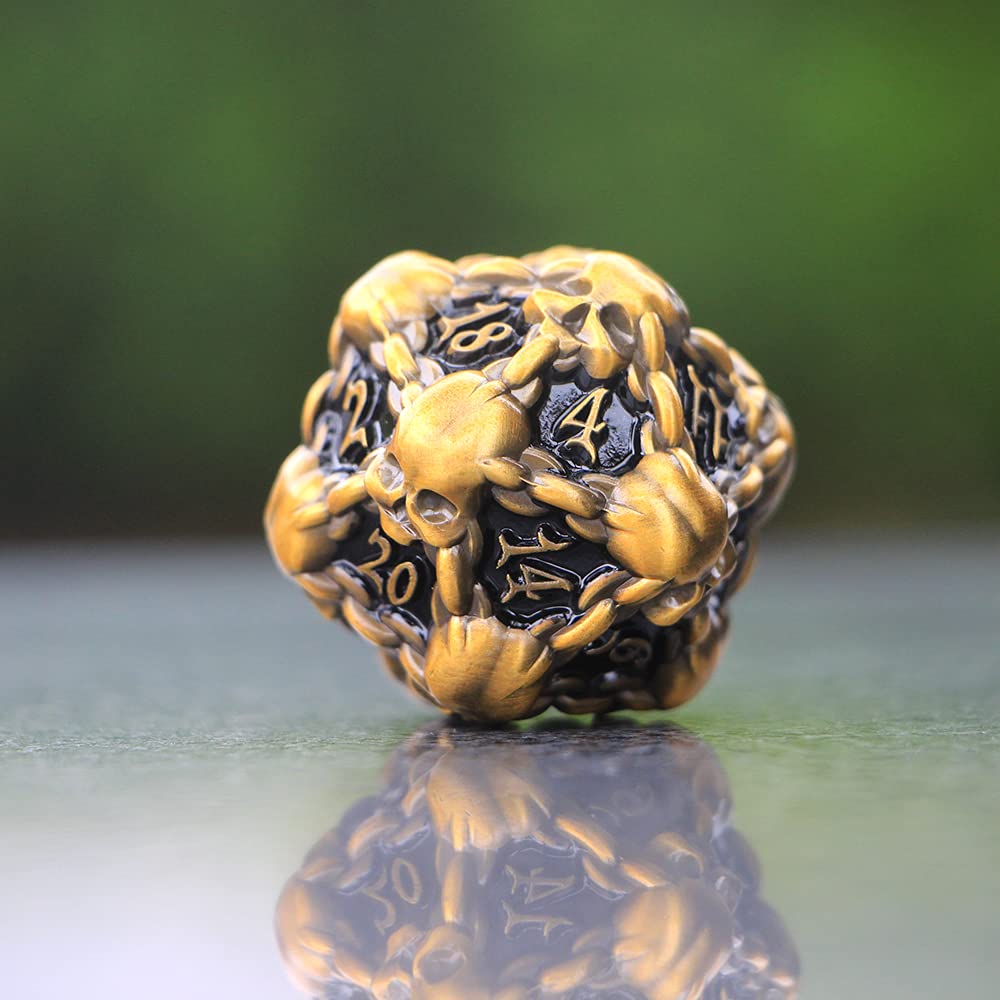 DNDWoW Heavy Metal Gold Skull D20 with Chains – 31mm Oversized Skull Dice for Tabletop RPGs BKGH9