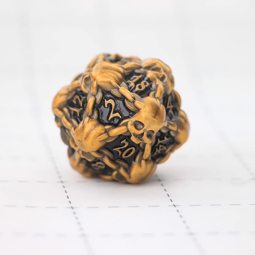 DNDWoW Heavy Metal Gold Skull D20 with Chains – 31mm Oversized Skull Dice for Tabletop RPGs BKGH9