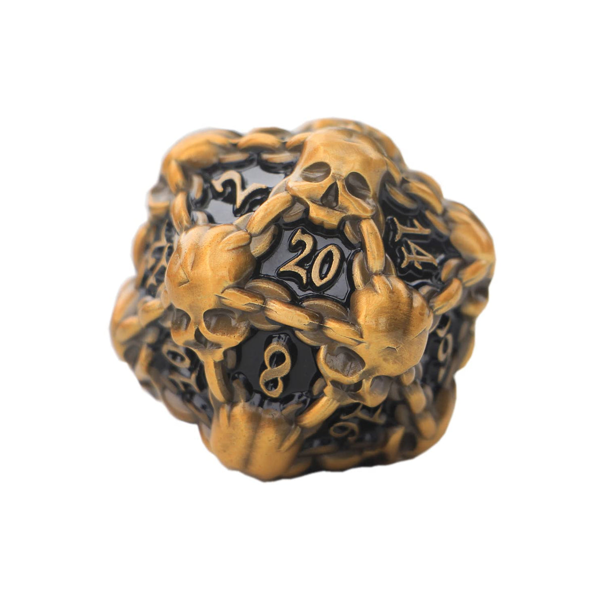DNDWoW Heavy Metal Gold Skull D20 with Chains – 31mm Oversized Skull Dice for Tabletop RPGs BKGH9
