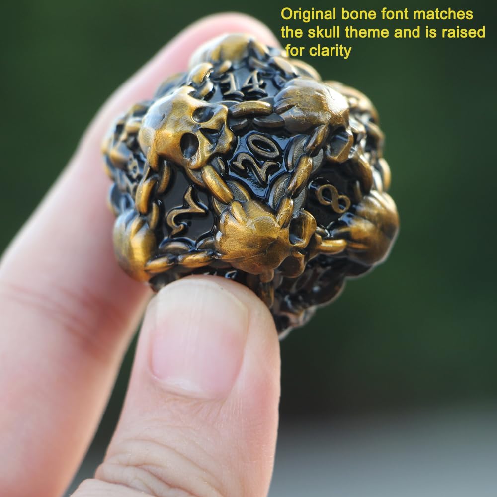 DNDWoW Heavy Metal Gold Skull D20 with Chains – 31mm Oversized Skull Dice for Tabletop RPGs BKGH9