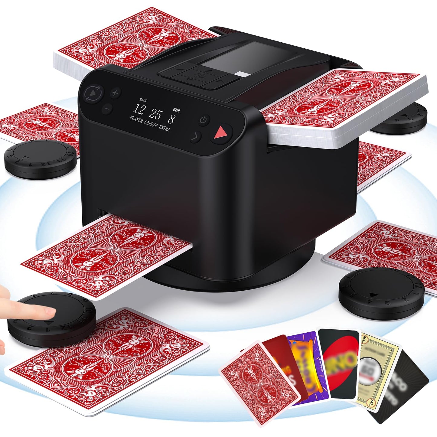 Dnin Automatic Card Shuffler & Dealer 2-in-1 | 2–12 Players, Wireless Remote, 2 Decks, 360°/180° Rotating