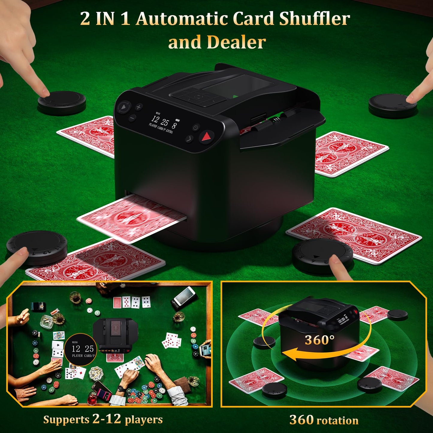 Dnin Automatic Card Shuffler & Dealer 2-in-1 | 2–12 Players, Wireless Remote, 2 Decks, 360°/180° Rotating