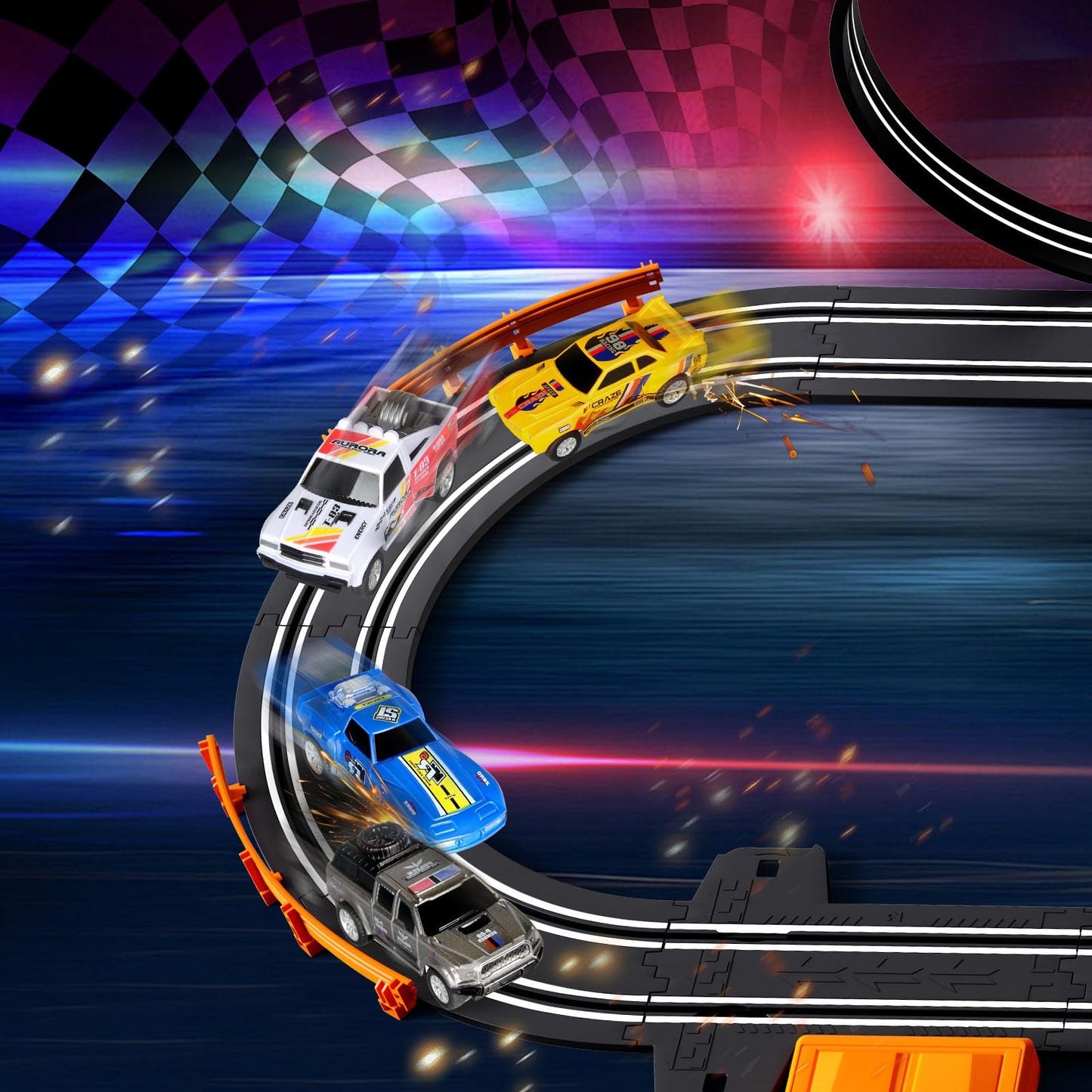 Dobindrich Slot Car Race Track for Kids – 4 Cars, Dual Racing, Flash Bridge & Pendulum