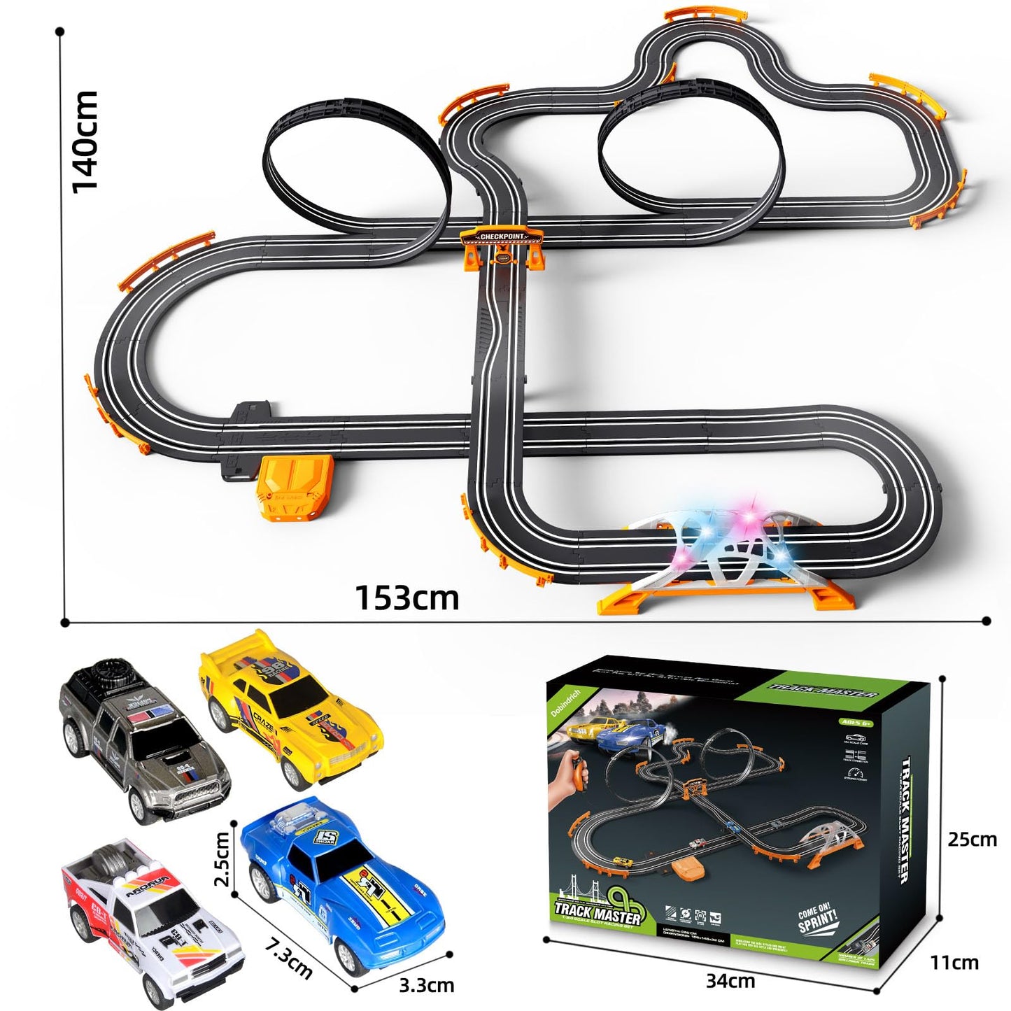 Dobindrich Slot Car Race Track for Kids – 4 Cars, Dual Racing, Flash Bridge & Pendulum