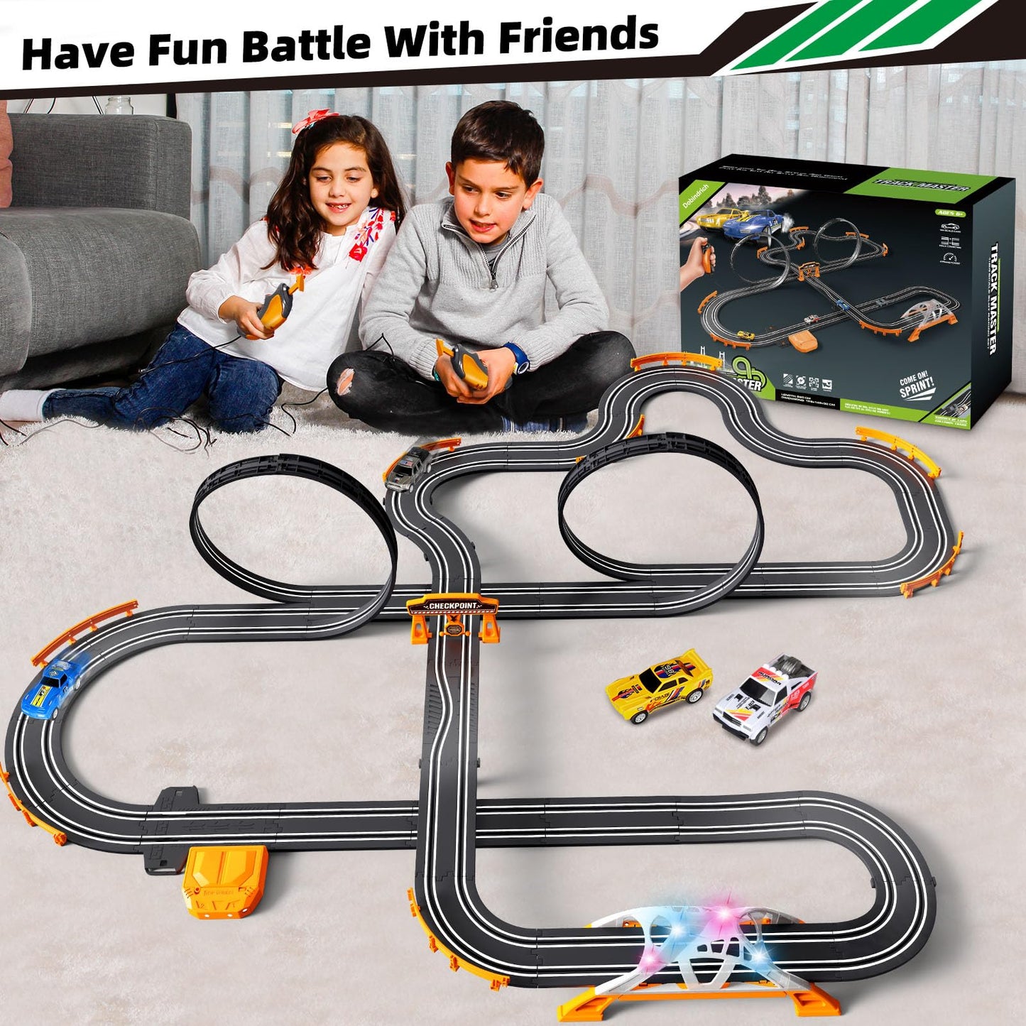Dobindrich Slot Car Race Track for Kids – 4 Cars, Dual Racing, Flash Bridge & Pendulum