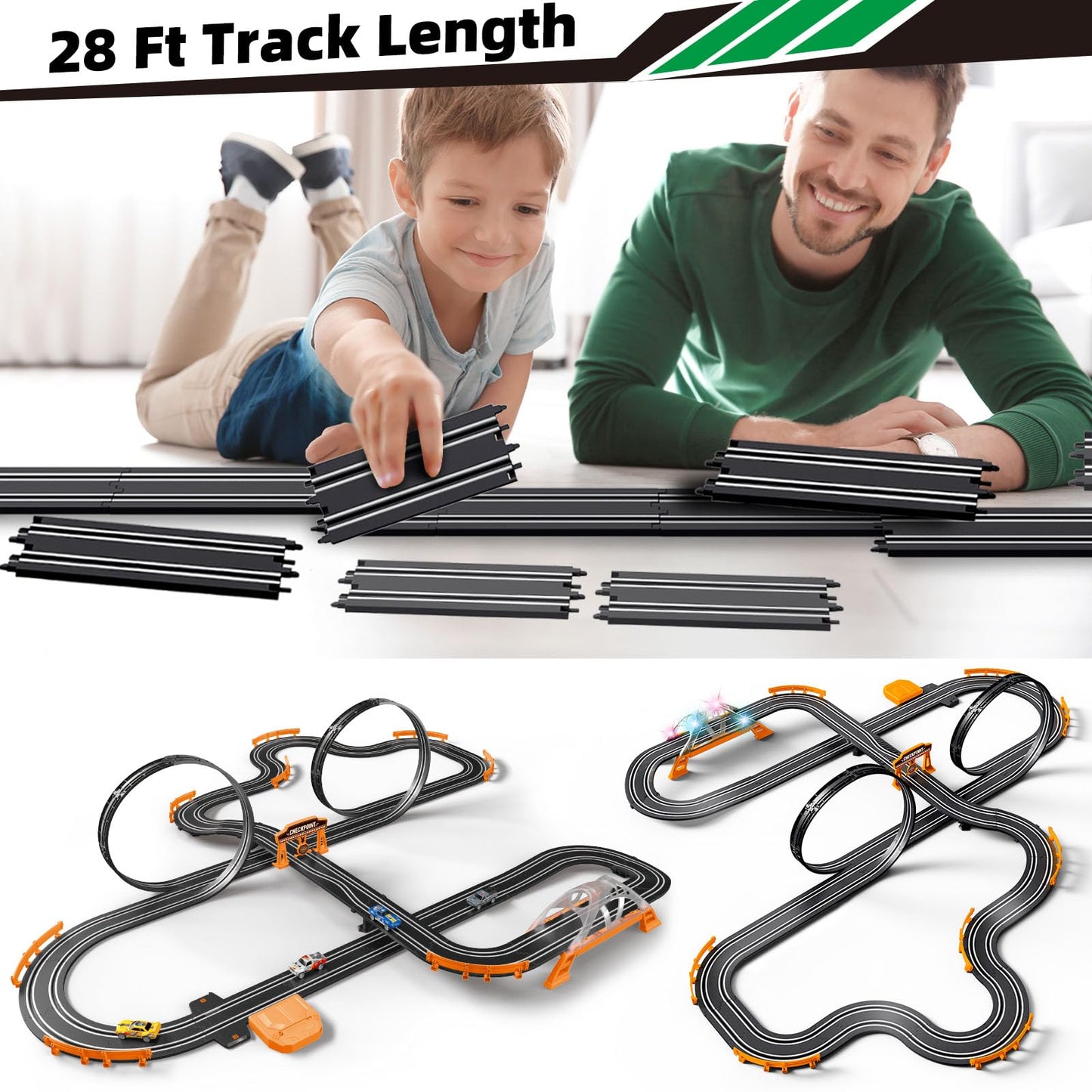 Dobindrich Slot Car Race Track for Kids – 4 Cars, Dual Racing, Flash Bridge & Pendulum