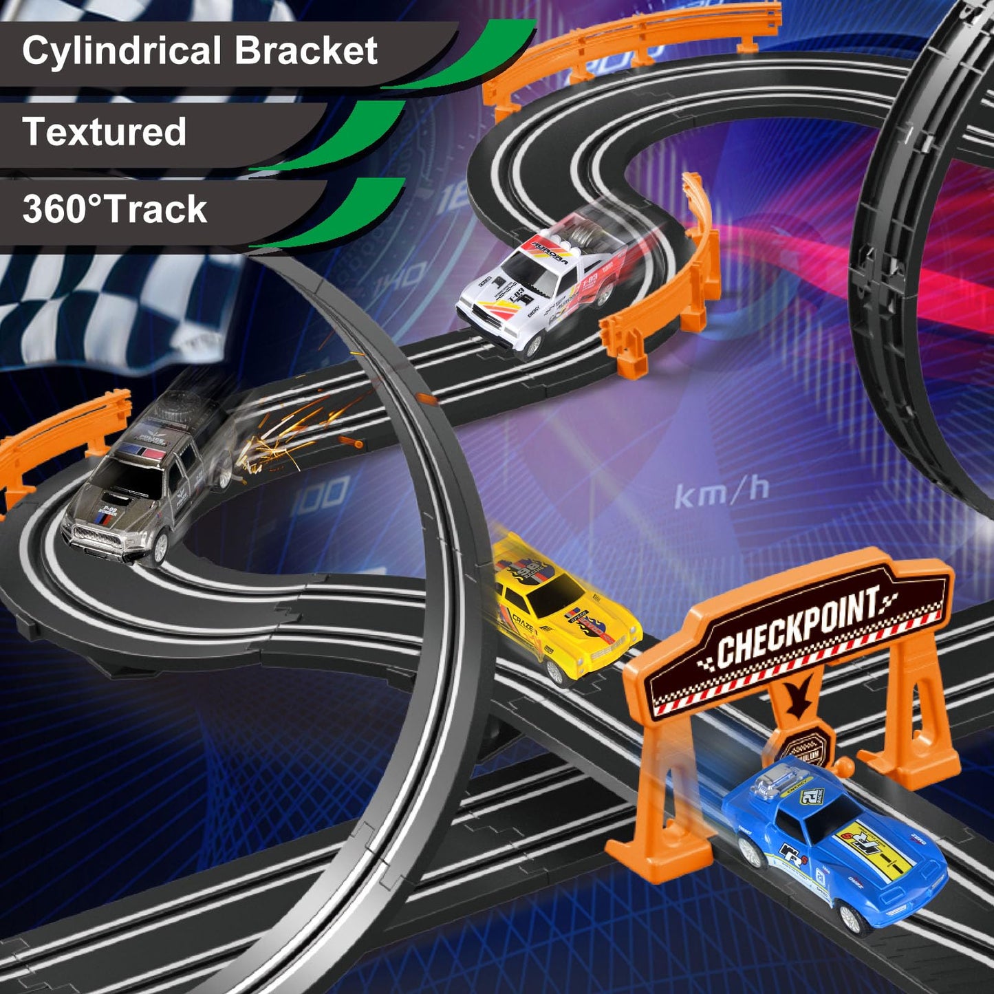 Dobindrich Slot Car Race Track for Kids – 4 Cars, Dual Racing, Flash Bridge & Pendulum